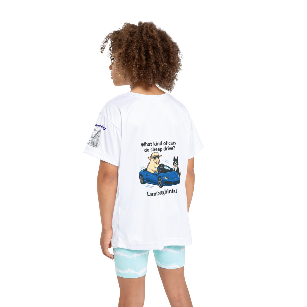 Kids Jersey — "What kind of cars do sheep drive? Lamborghinis!" Cute Sheep & Dog Sports Tee