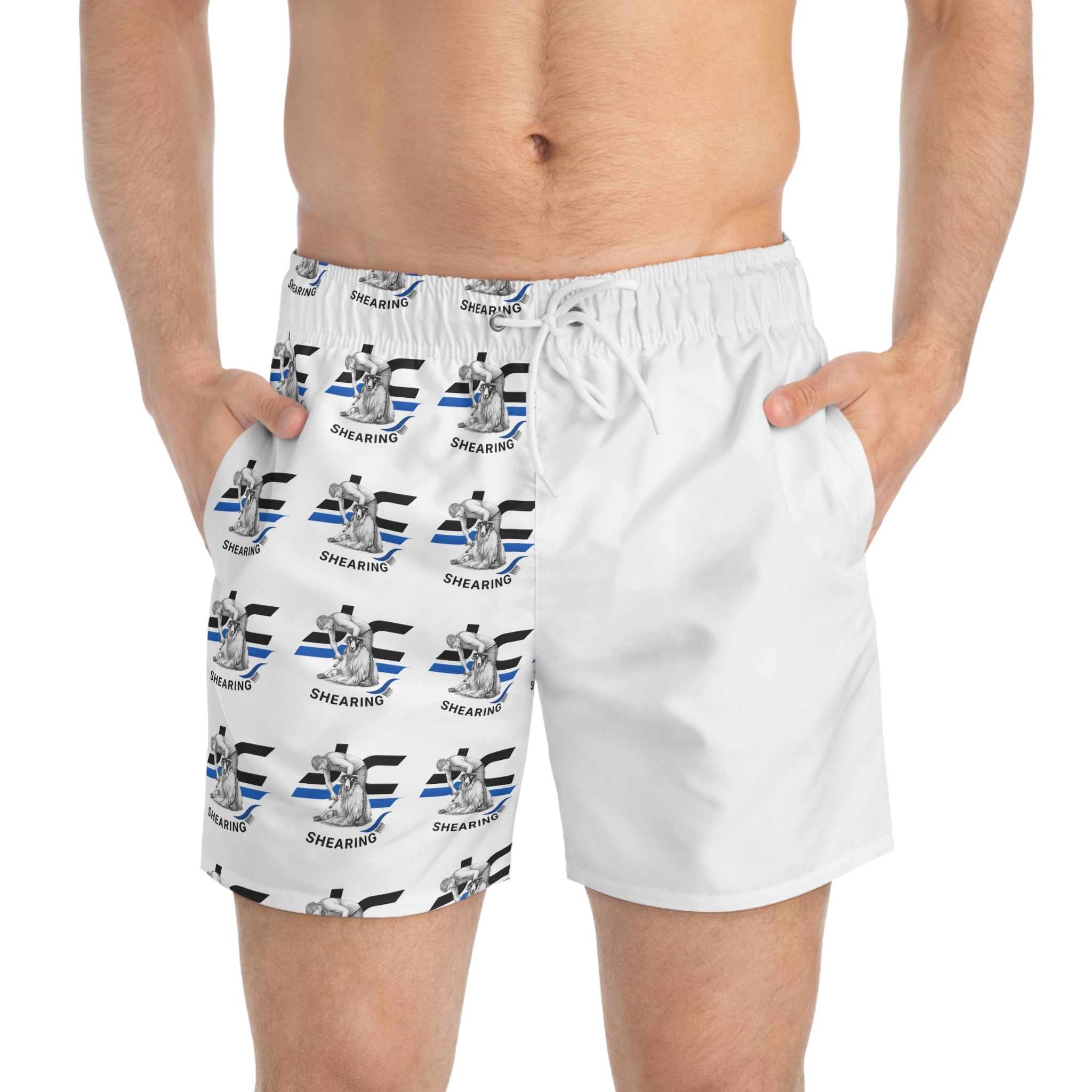 Shearing Pattern Swim Trunks – Sheep Shears All-Over Print Beach Shorts