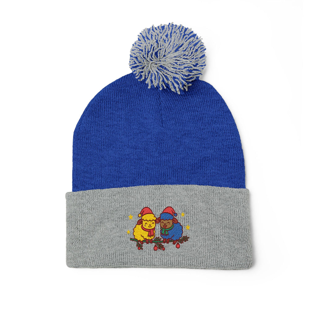 Embroidered Winter Pom-Pom Beanie — Cute Chick Couple Design