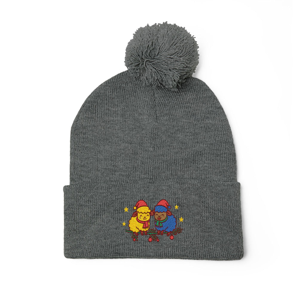 Embroidered Winter Pom-Pom Beanie — Cute Chick Couple Design