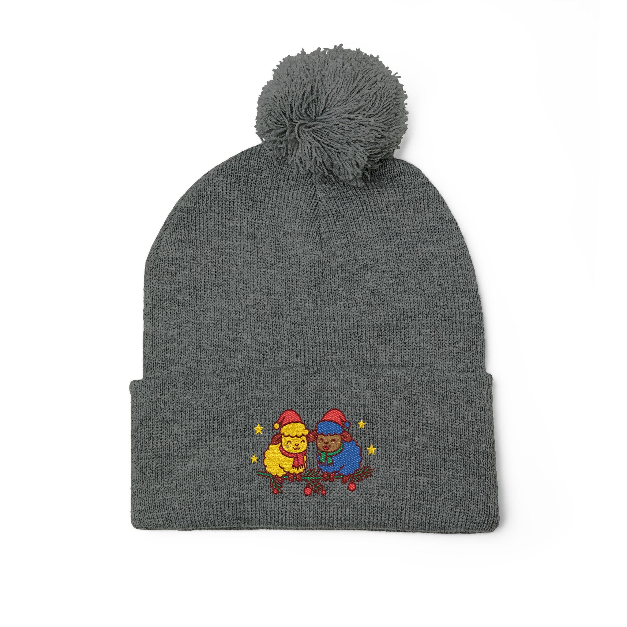 Embroidered Winter Pom-Pom Beanie — Cute Chick Couple Design