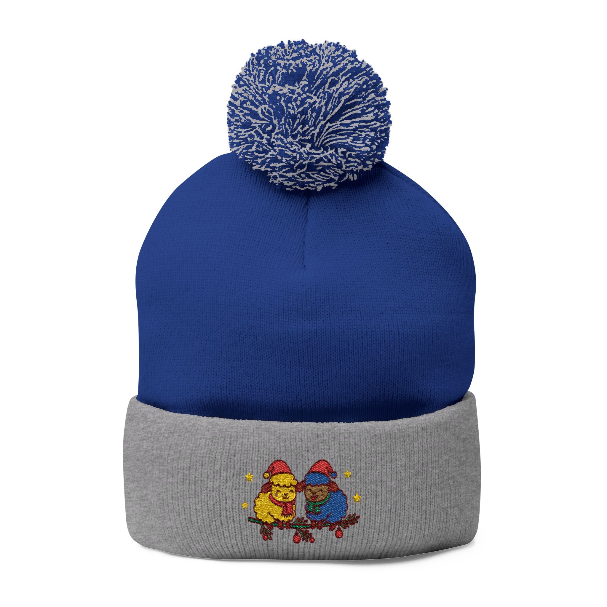 Embroidered Winter Pom-Pom Beanie — Cute Chick Couple Design