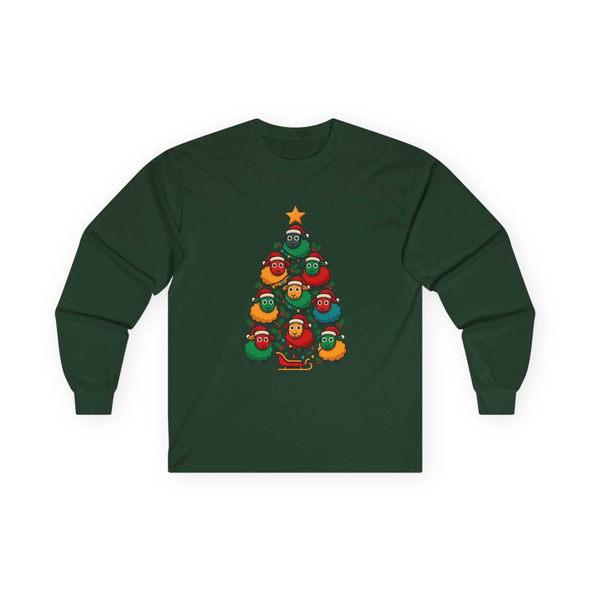 Long Sleeve Tee — Christmas Sheep Tree Graphic Holiday Shirt