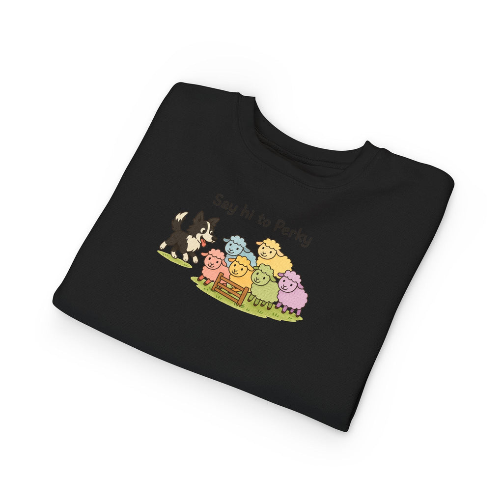 Say Hi to Perky Toddler Sweatshirt — Cute Sheep & Border Collie Kids Pullover