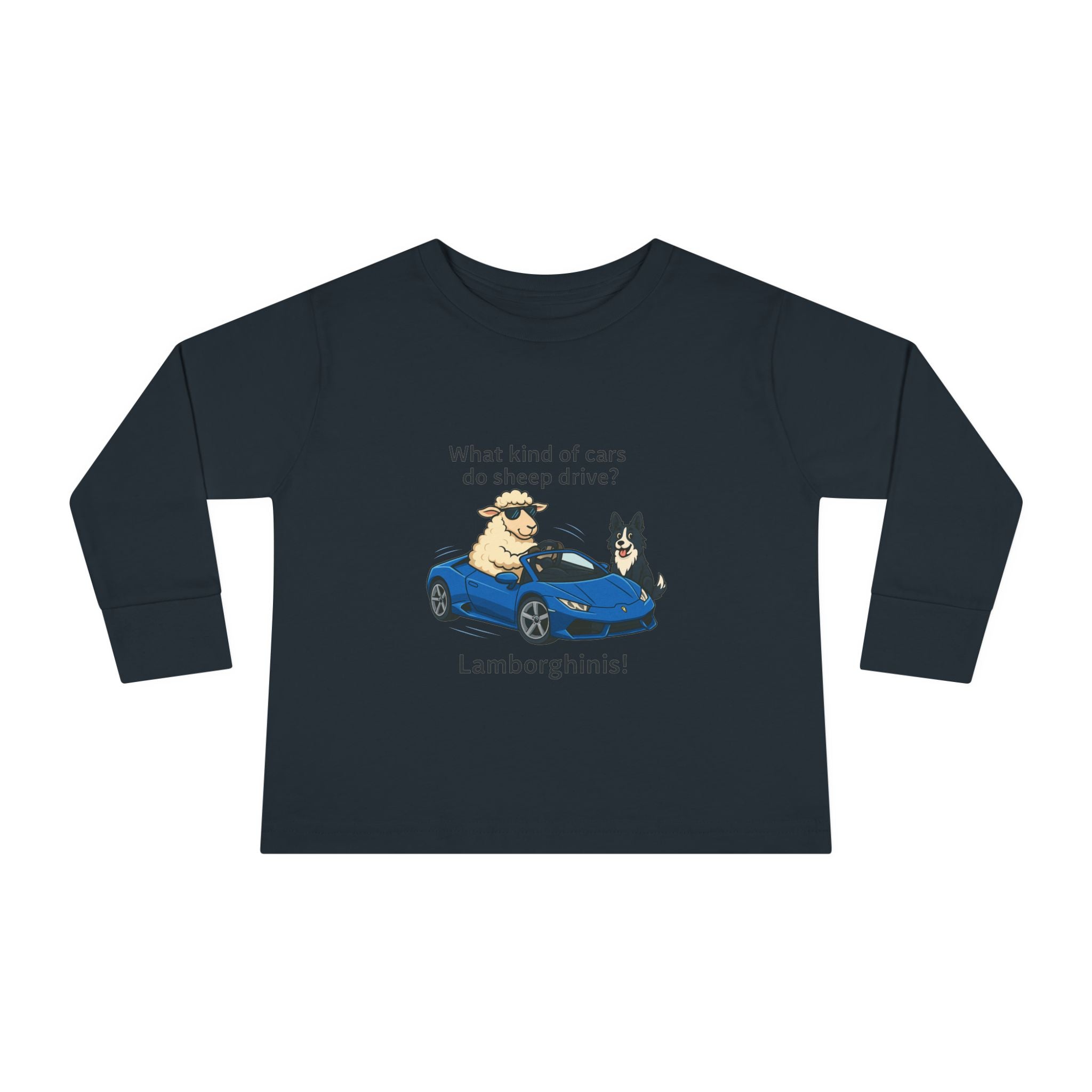 Toddler Long Sleeve Tee — 'What kind of cars do sheep drive? Lamborghams!' Cute Dog & Sheep Car Graphic