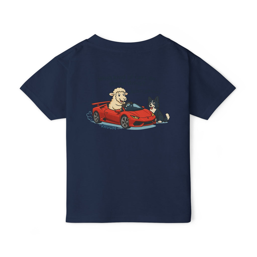 Toddler T-Shirt — Cute Sheep & Dog Cartoon with 'What kind of cars do sheep drive? Lamborghinis!' Back Print
