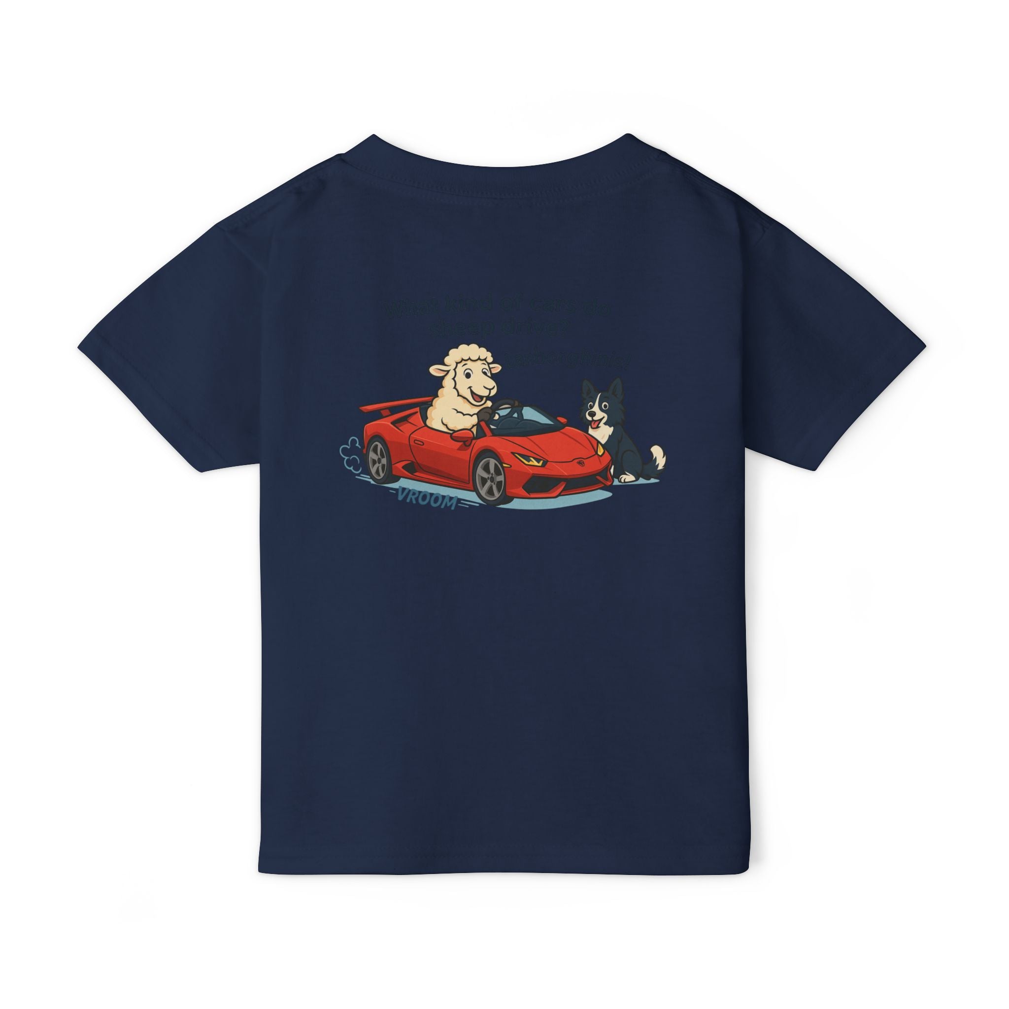 Toddler T-Shirt — Cute Sheep & Dog Cartoon with 'What kind of cars do sheep drive? Lamborghinis!' Back Print