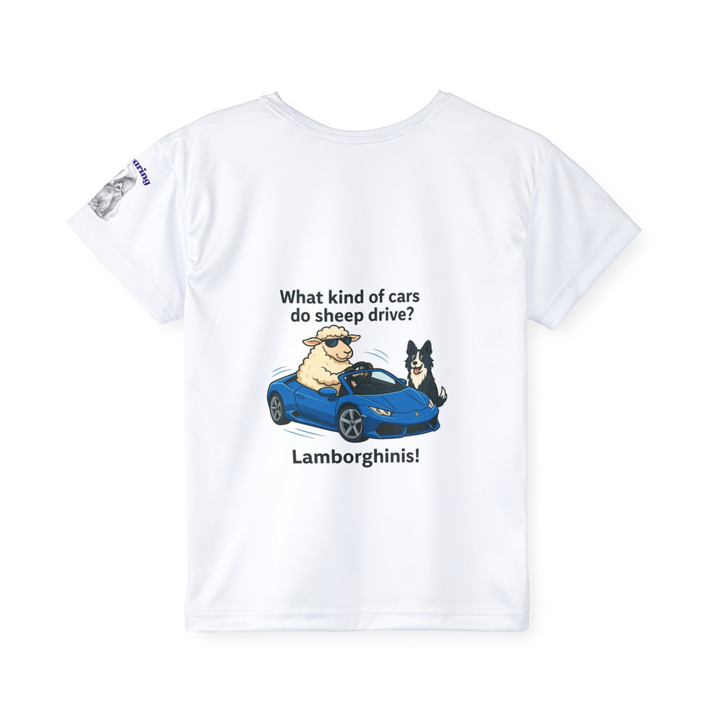 Kids Jersey — "What kind of cars do sheep drive? Lamborghinis!" Cute Sheep & Dog Sports Tee