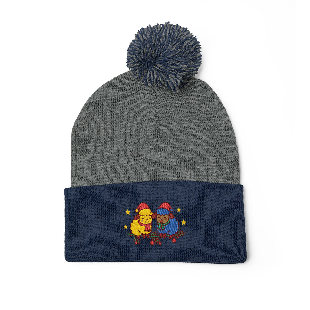 Embroidered Winter Pom-Pom Beanie — Cute Chick Couple Design