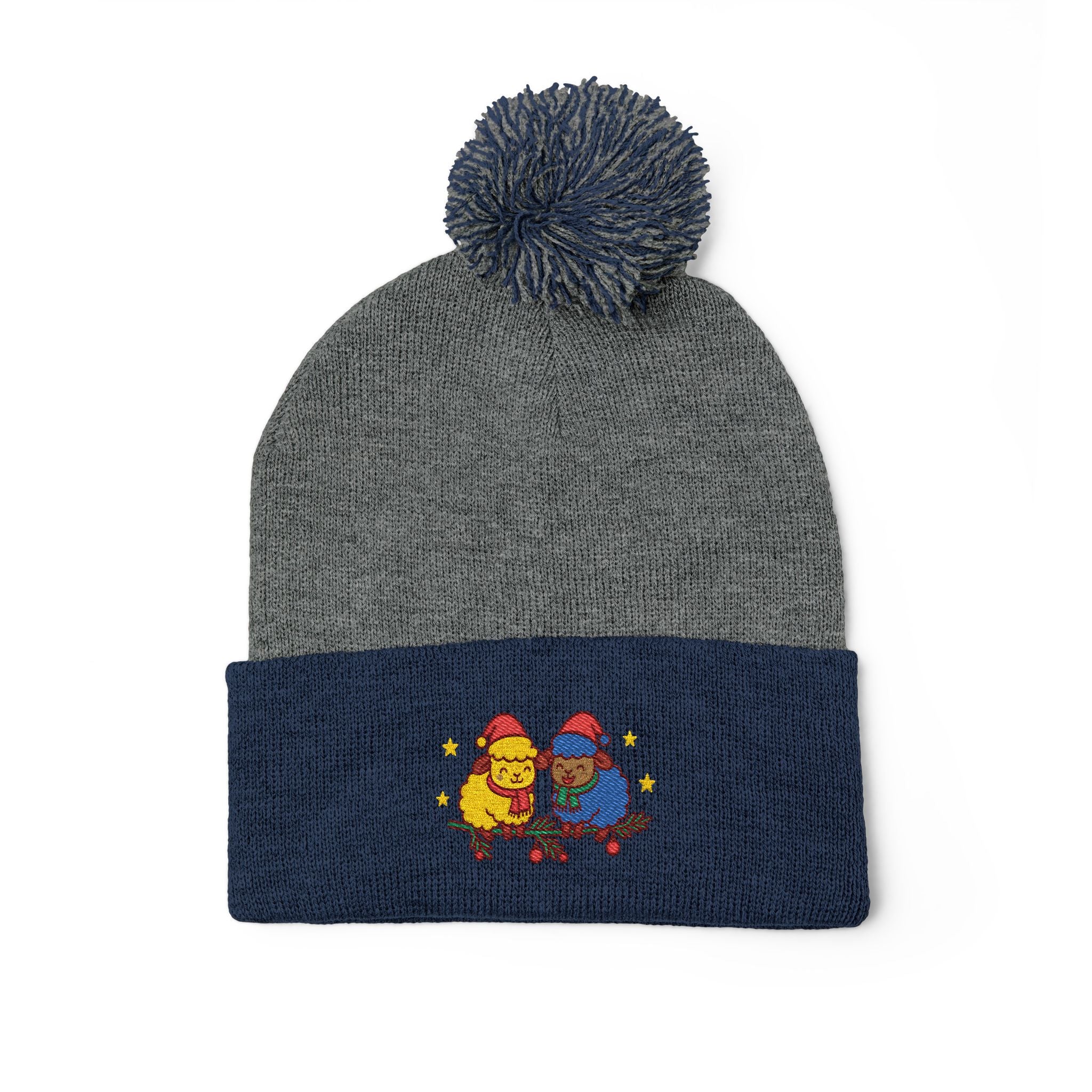 Embroidered Winter Pom-Pom Beanie — Cute Chick Couple Design