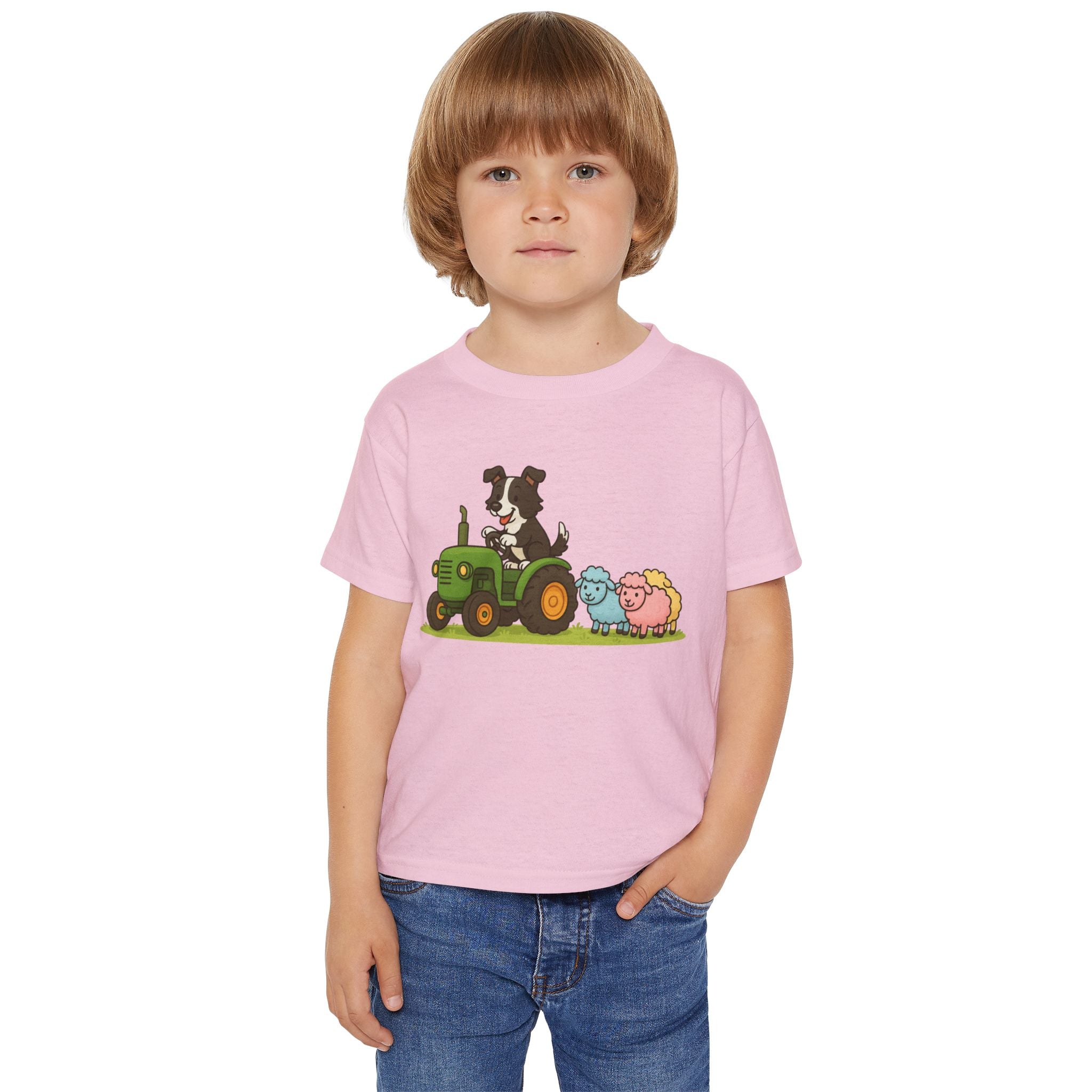 Toddler T-Shirt — Cartoon Farm Tractor with Border Collie & Sheep Friends