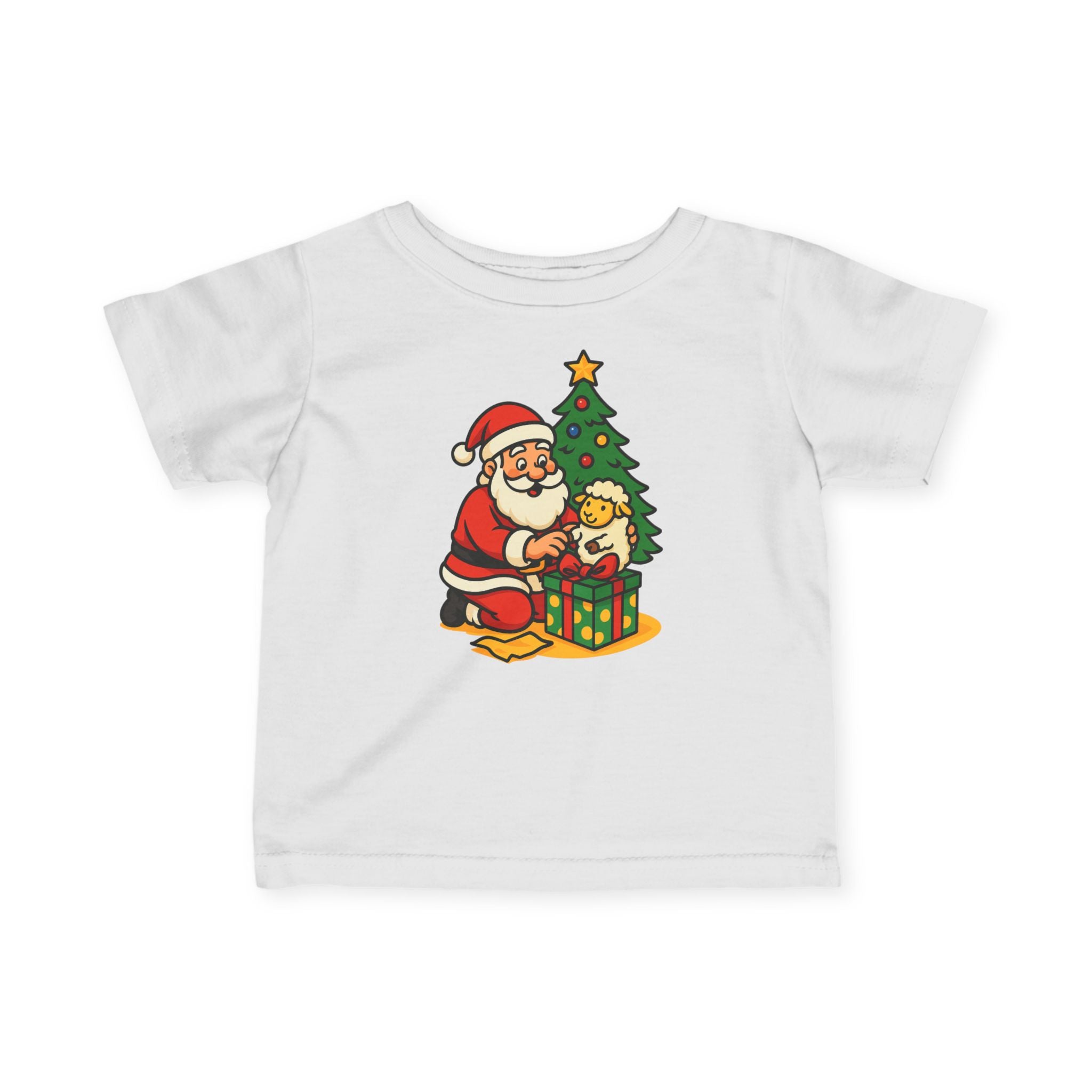 Infant Tee — Cute Santa with Puppy by Christmas Tree Holiday Baby Shirt