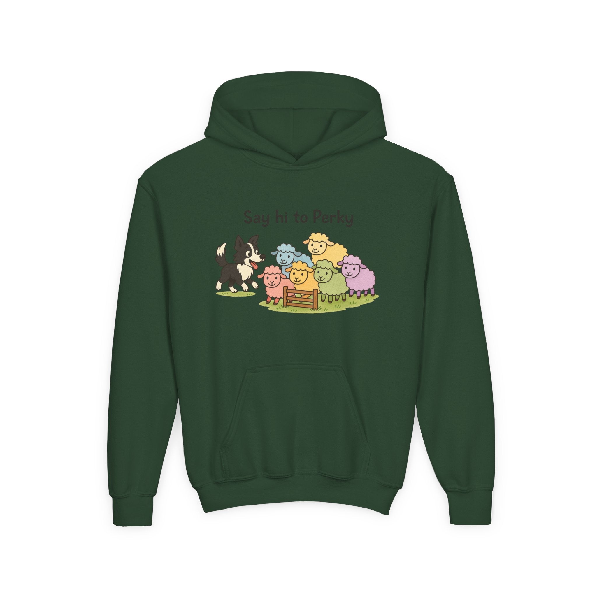 Youth Hoodie — "Say Hi to Perky" Cute Cartoon Sheep & Dog Kids Hooded Sweatshirt