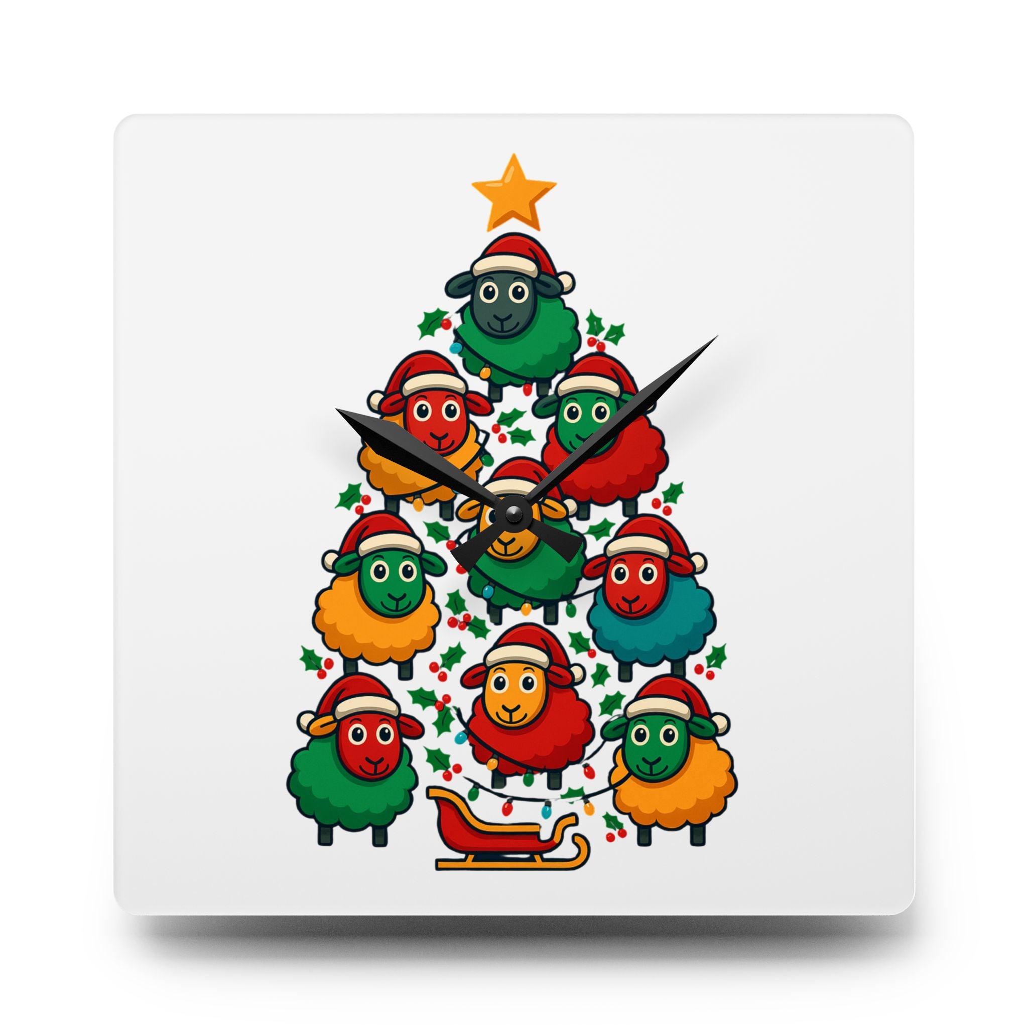 Christmas Sheep Tree Acrylic Wall Clock — Cute Holiday Farm Animal Decor