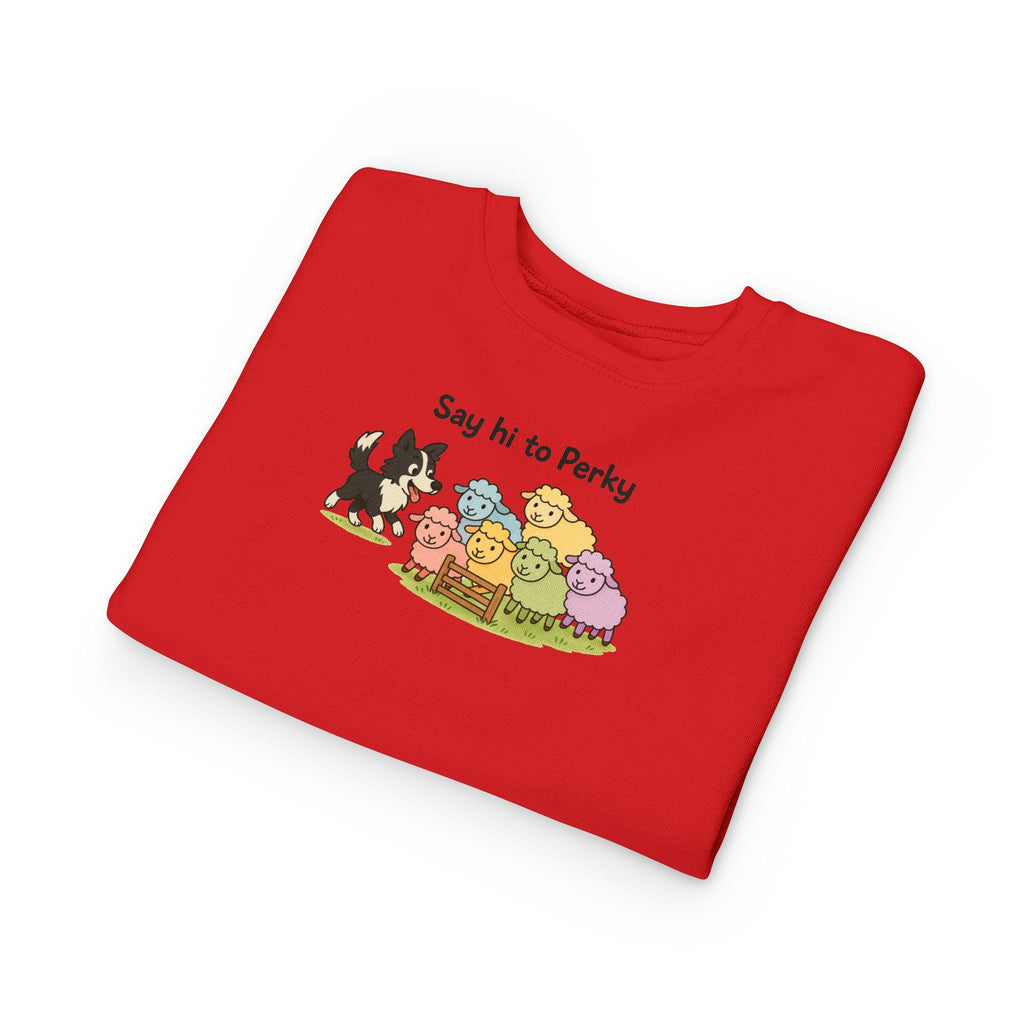 Say Hi to Perky Toddler Sweatshirt — Cute Sheep & Border Collie Kids Pullover