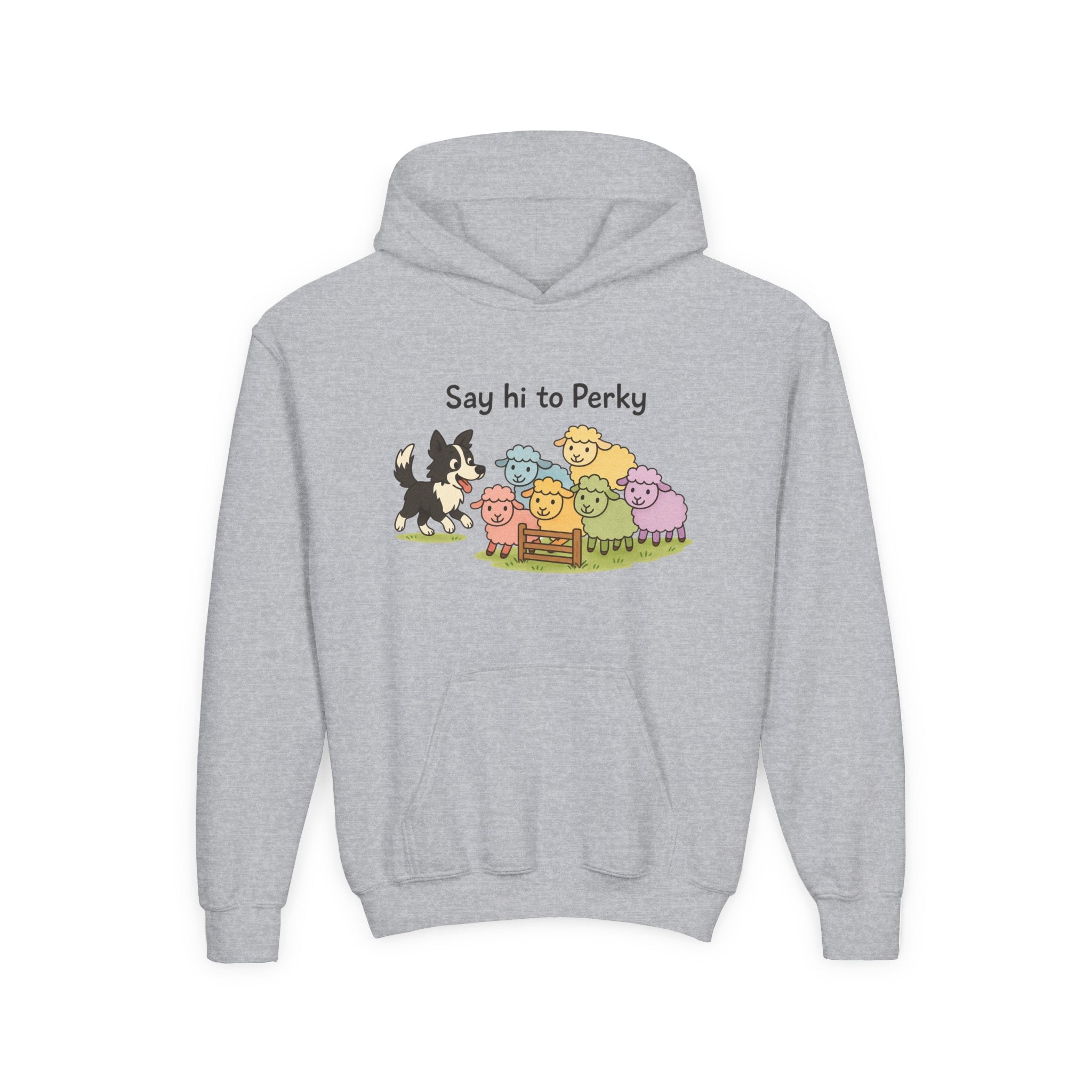 Youth Hoodie — "Say Hi to Perky" Cute Cartoon Sheep & Dog Kids Hooded Sweatshirt