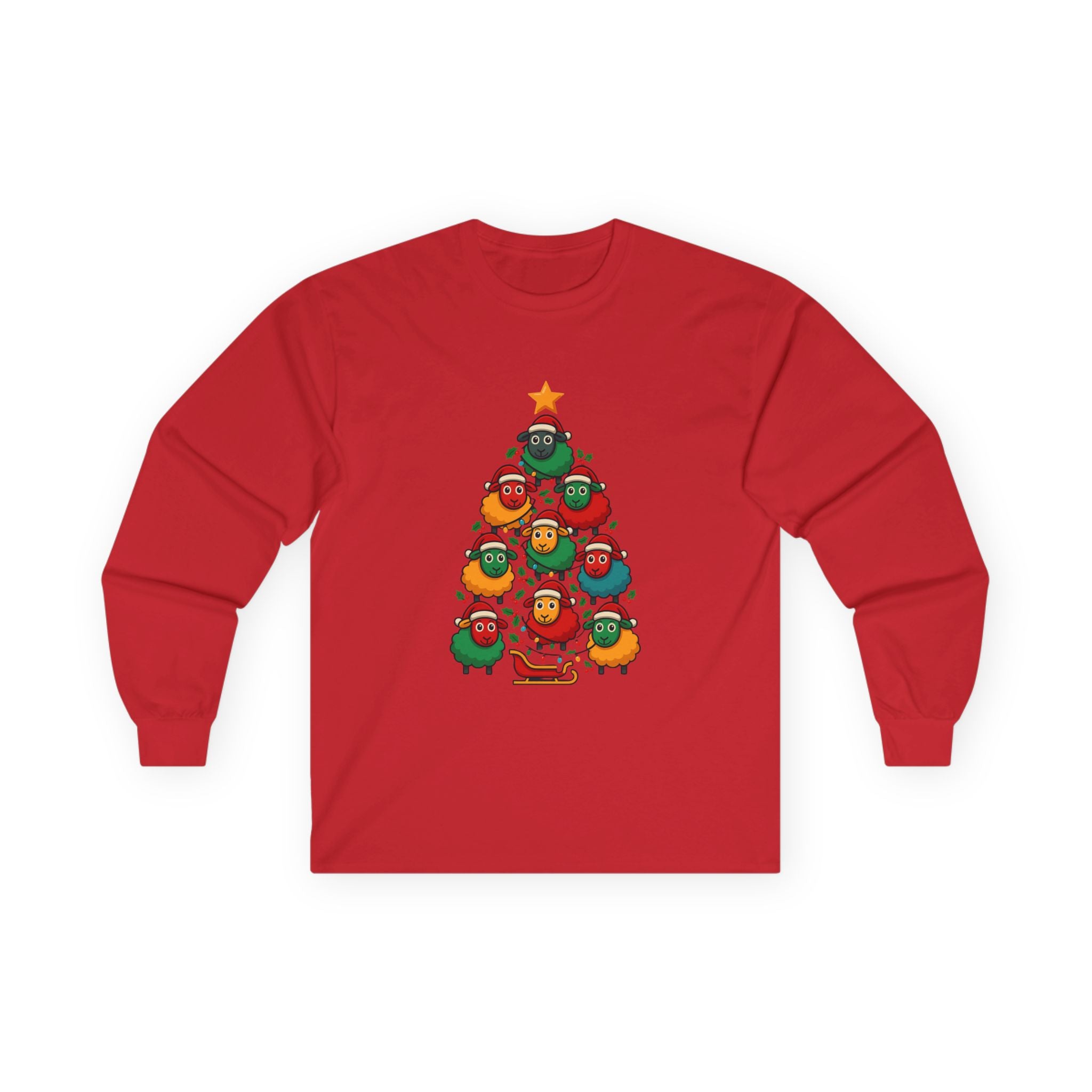 Long Sleeve Tee — Christmas Sheep Tree Graphic Holiday Shirt
