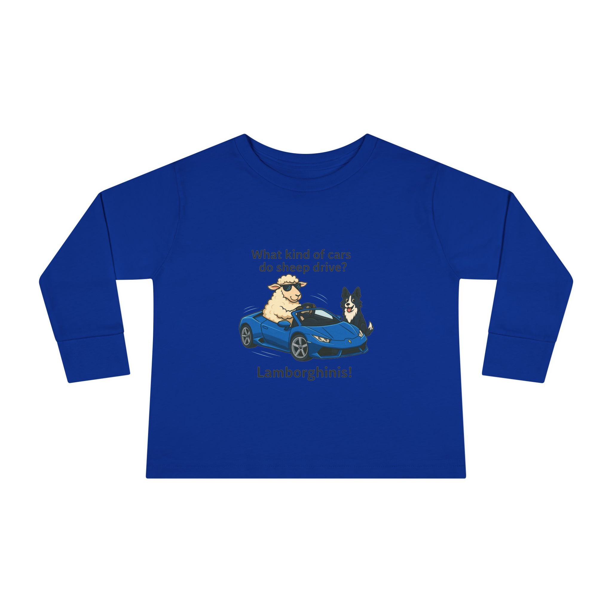 Toddler Long Sleeve Tee — 'What kind of cars do sheep drive? Lamborghams!' Cute Dog & Sheep Car Graphic