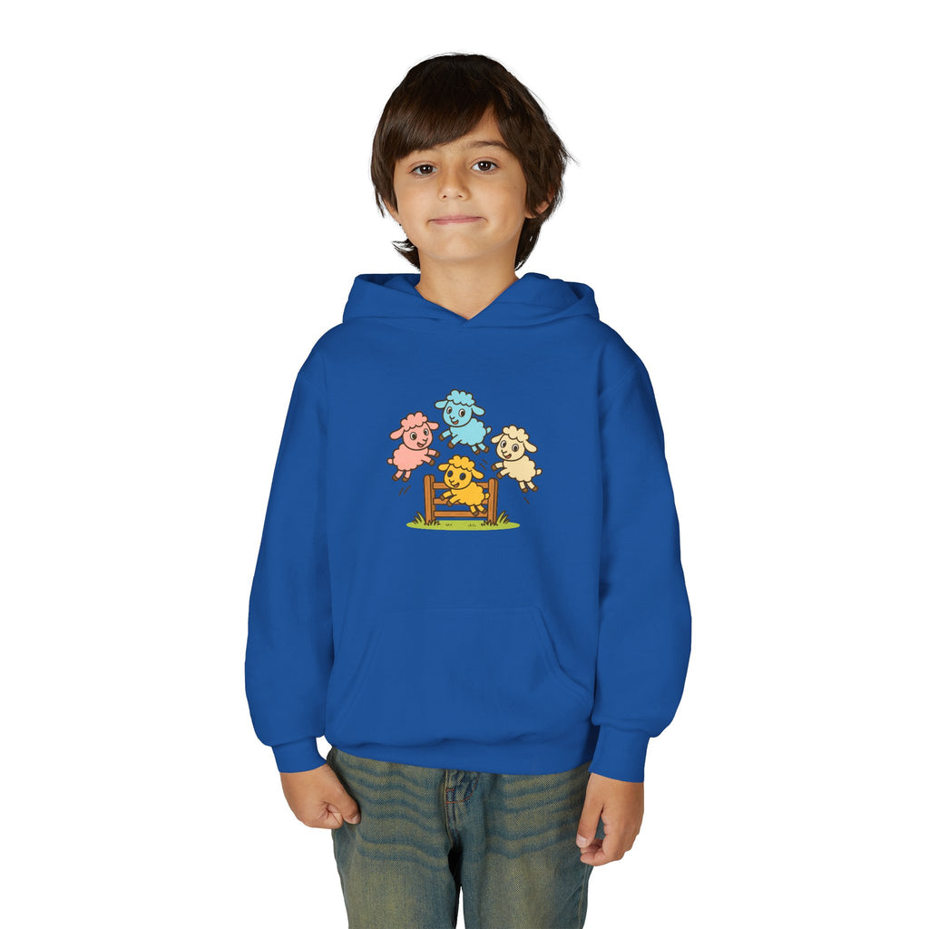 Kids Sheep Hoodie — Colorful Jumping Lambs Graphic Youth Hooded Sweatshirt