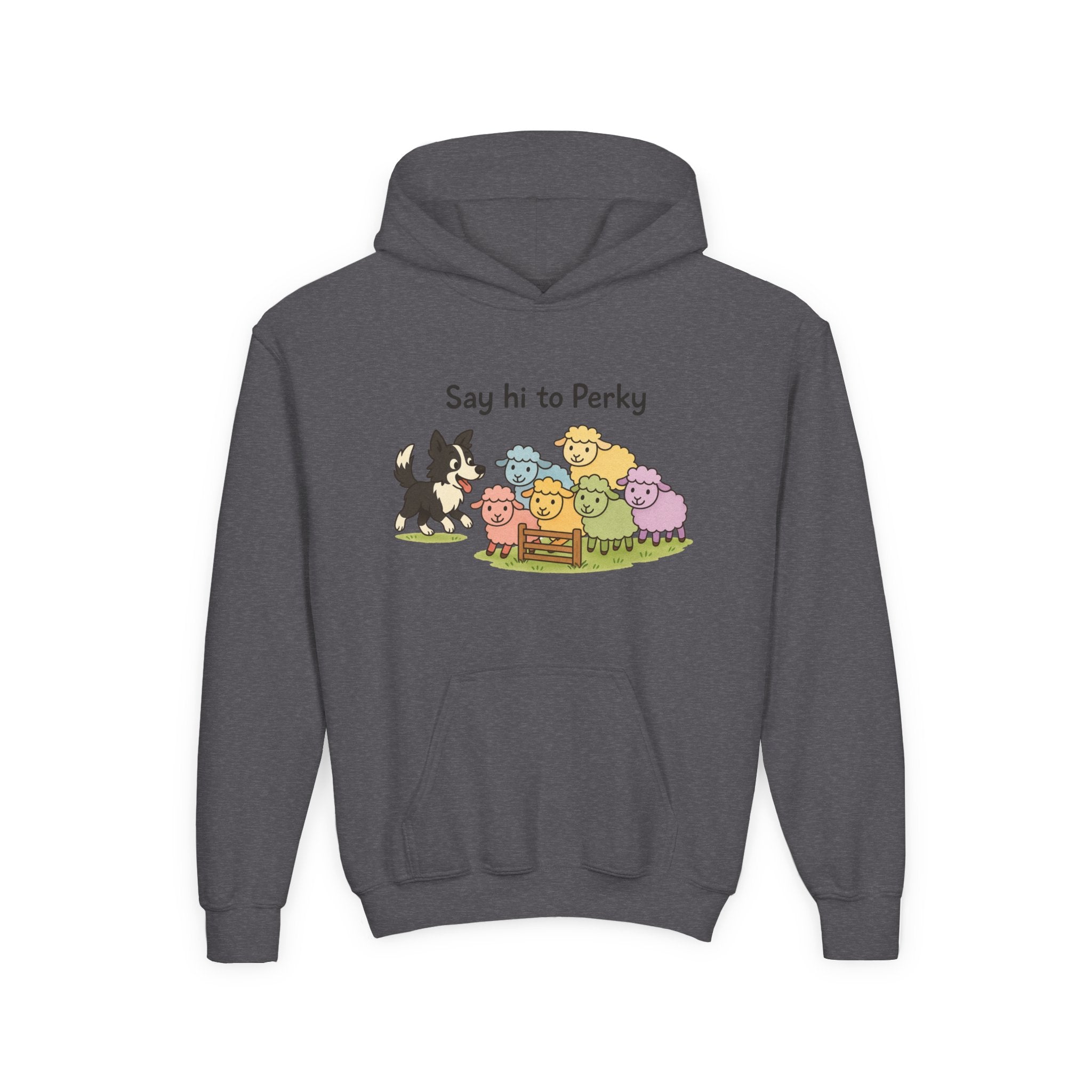 Youth Hoodie — "Say Hi to Perky" Cute Cartoon Sheep & Dog Kids Hooded Sweatshirt