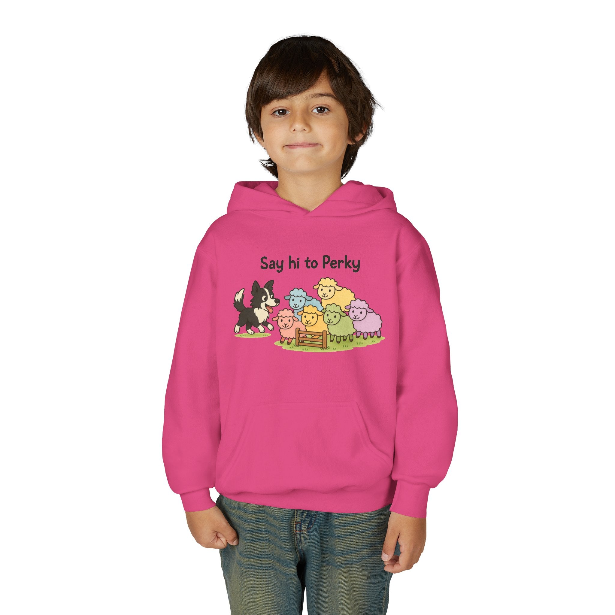 Youth Hoodie — "Say Hi to Perky" Cute Cartoon Sheep & Dog Kids Hooded Sweatshirt