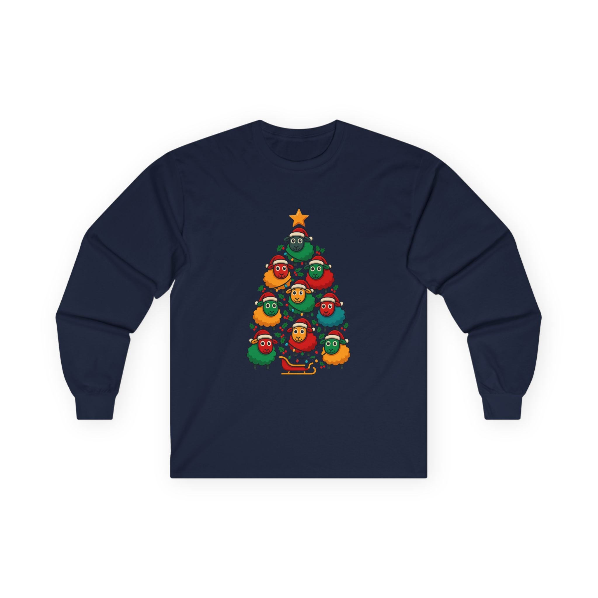 Long Sleeve Tee — Christmas Sheep Tree Graphic Holiday Shirt