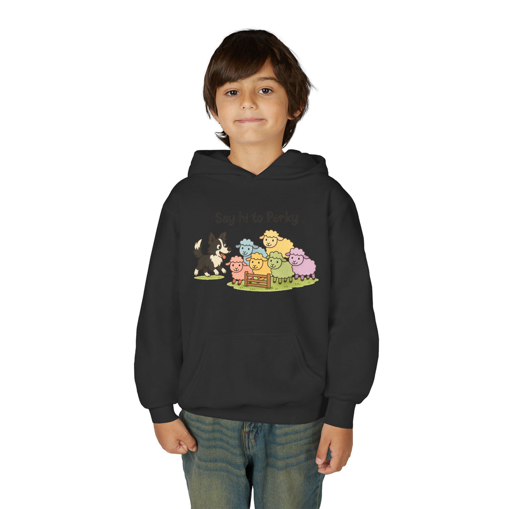 Youth Hoodie — "Say Hi to Perky" Cute Cartoon Sheep & Dog Kids Hooded Sweatshirt