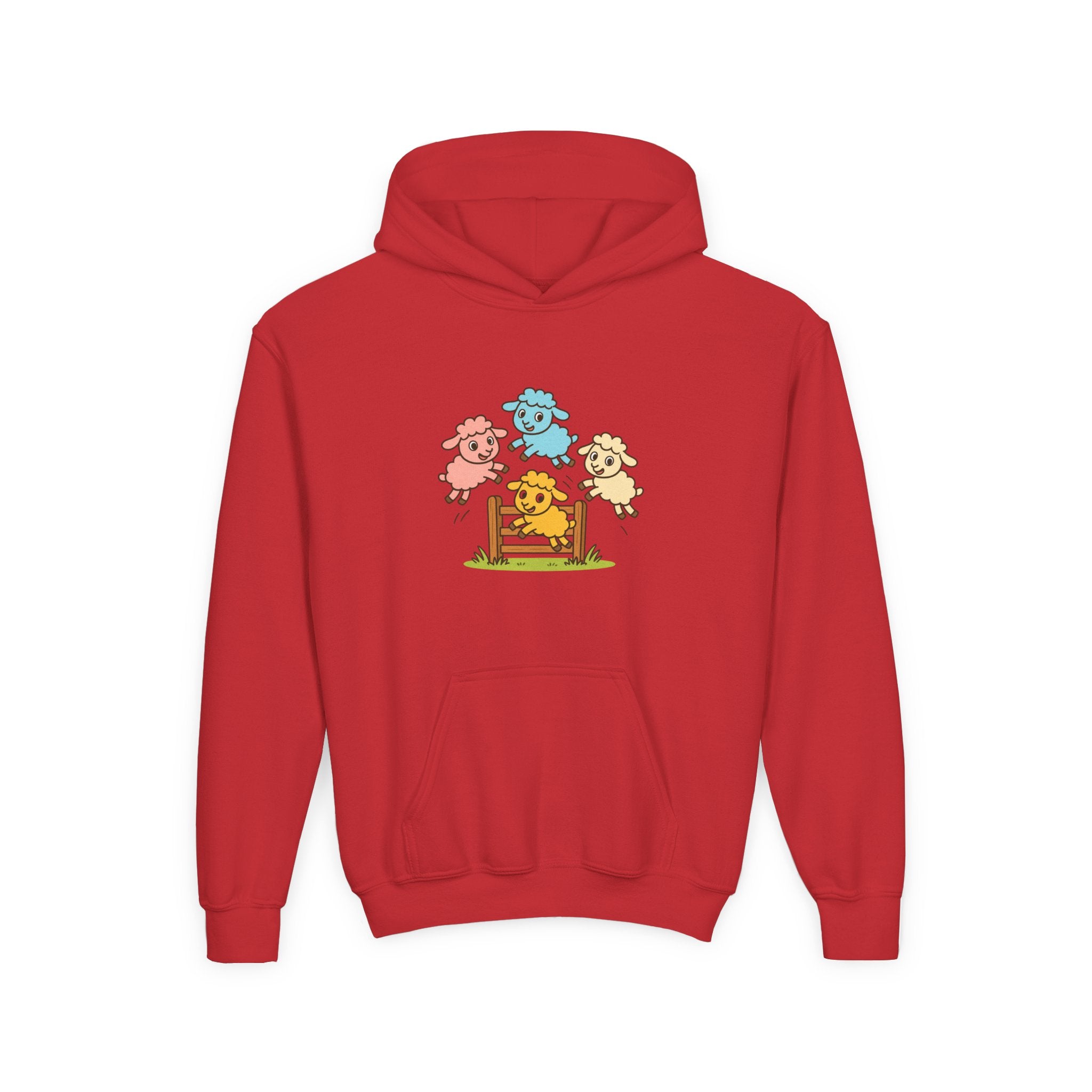 Kids Sheep Hoodie — Colorful Jumping Lambs Graphic Youth Hooded Sweatshirt