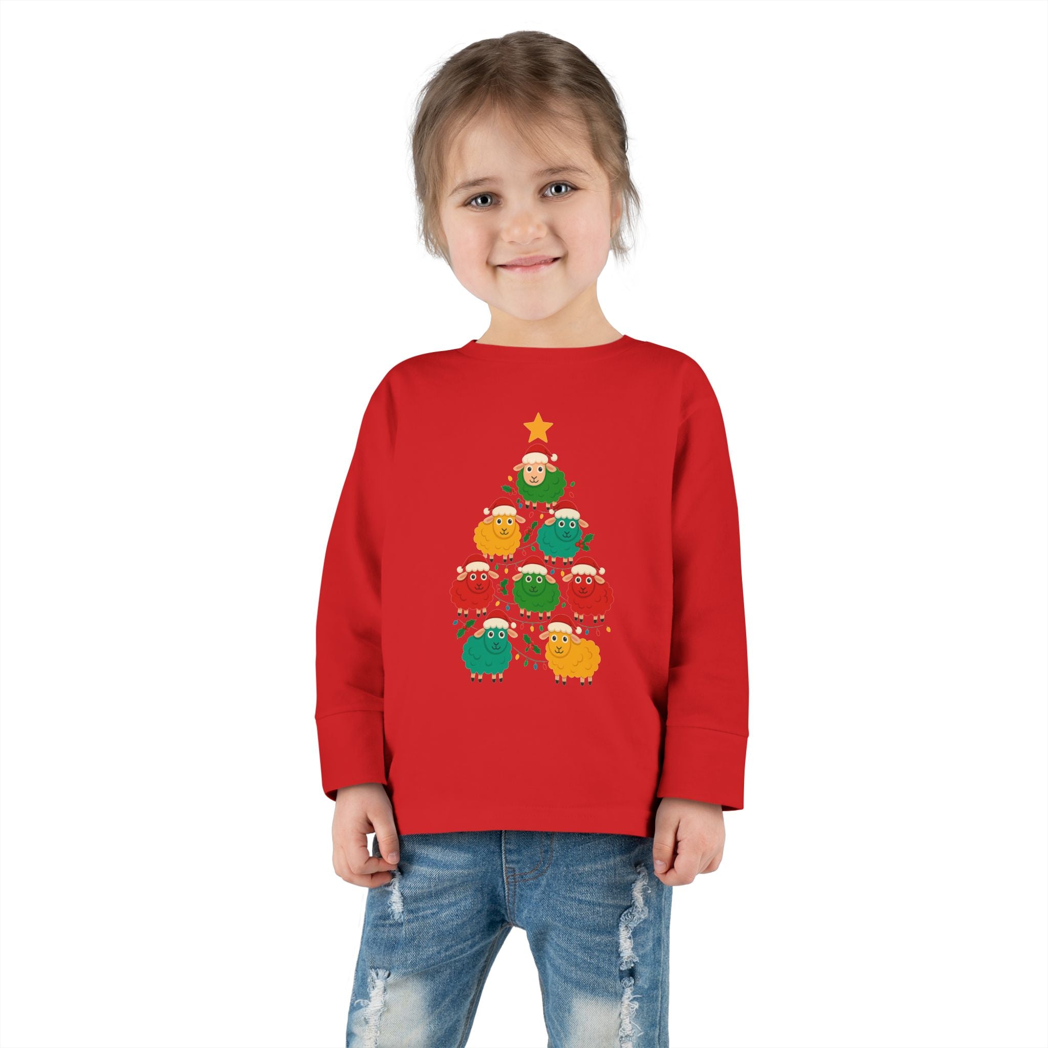 Toddler Long Sleeve Tee — Cute Sheep Christmas Tree Holiday Shirt