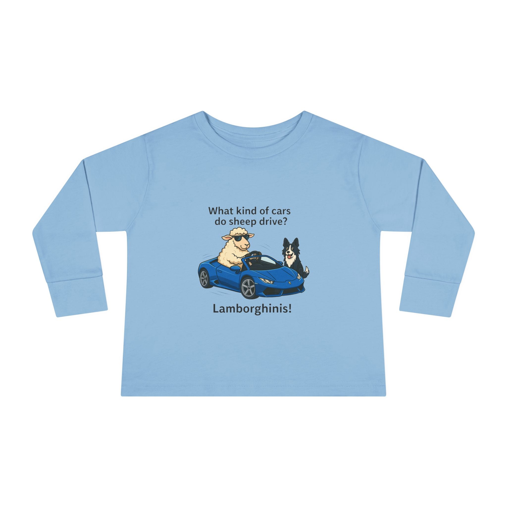Toddler Long Sleeve Tee — 'What kind of cars do sheep drive? Lamborghams!' Cute Dog & Sheep Car Graphic