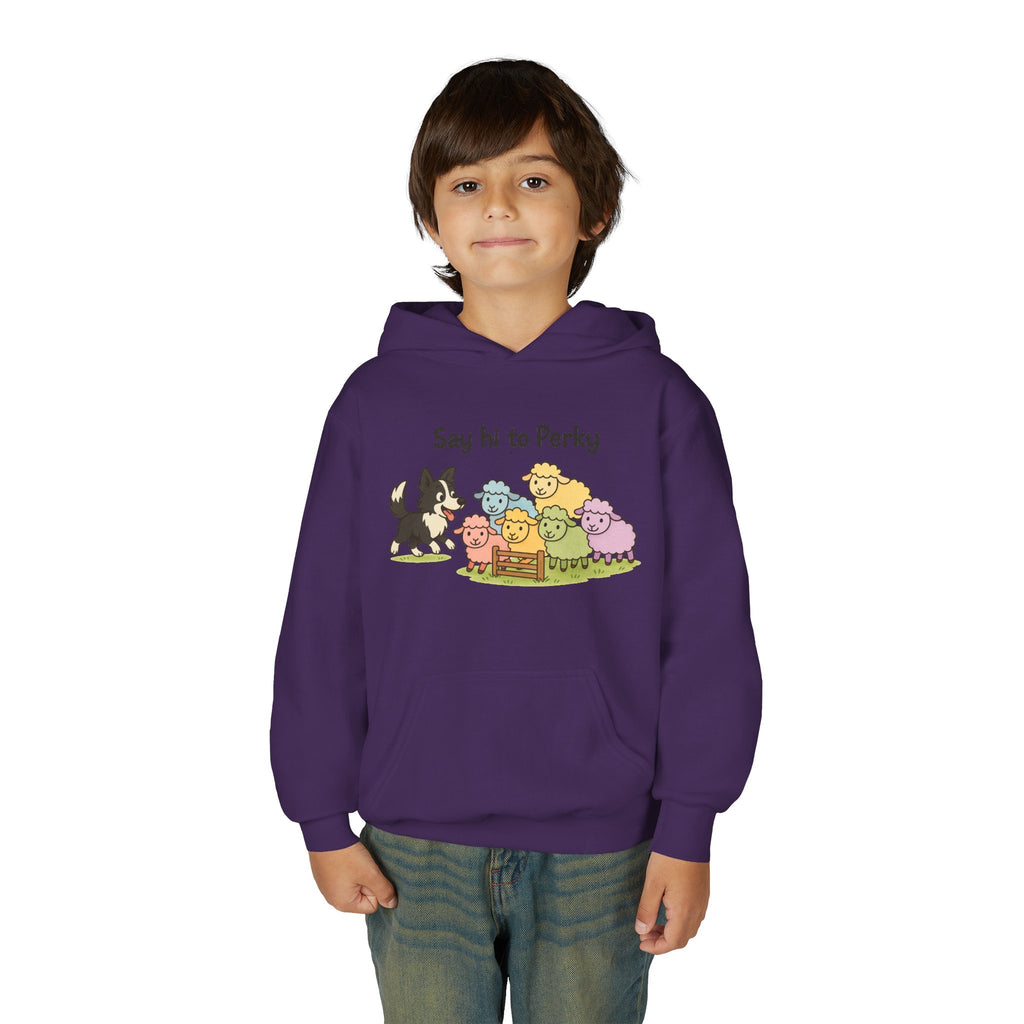 Youth Hoodie — "Say Hi to Perky" Cute Cartoon Sheep & Dog Kids Hooded Sweatshirt