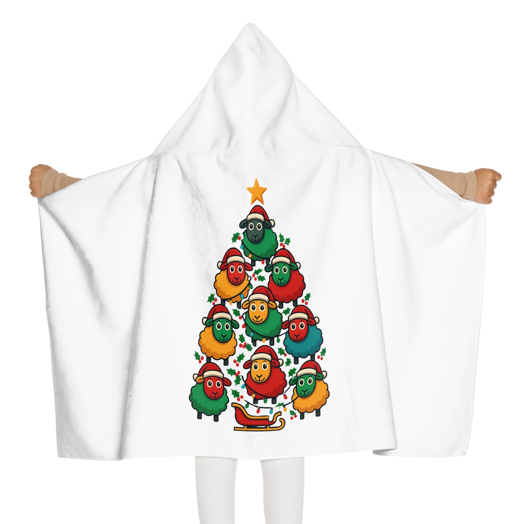 Hooded Towel — Cute Sheep Christmas Tree Kids Holiday Beach & Bath Towel