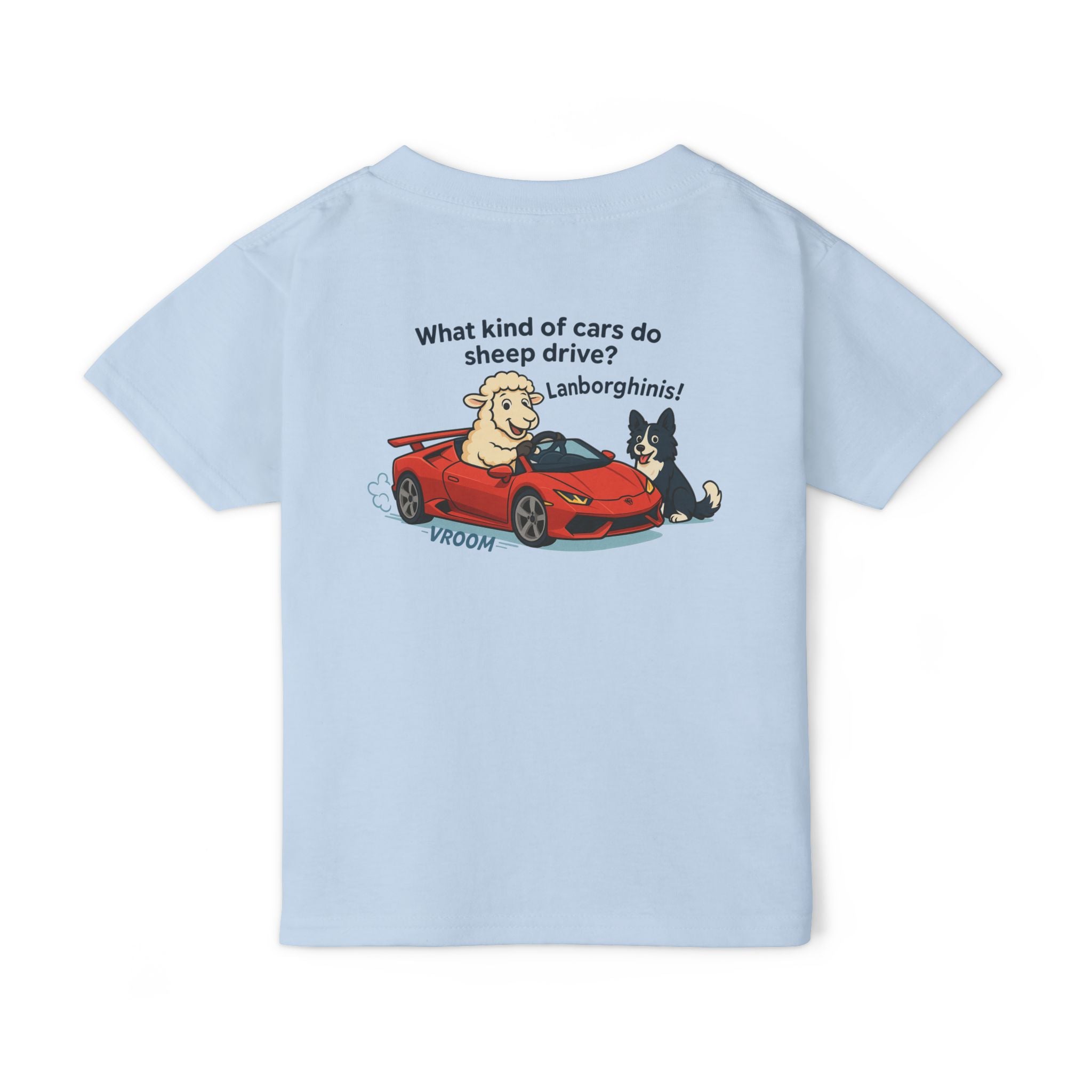 Toddler T-Shirt — Cute Sheep & Dog Cartoon with 'What kind of cars do sheep drive? Lamborghinis!' Back Print