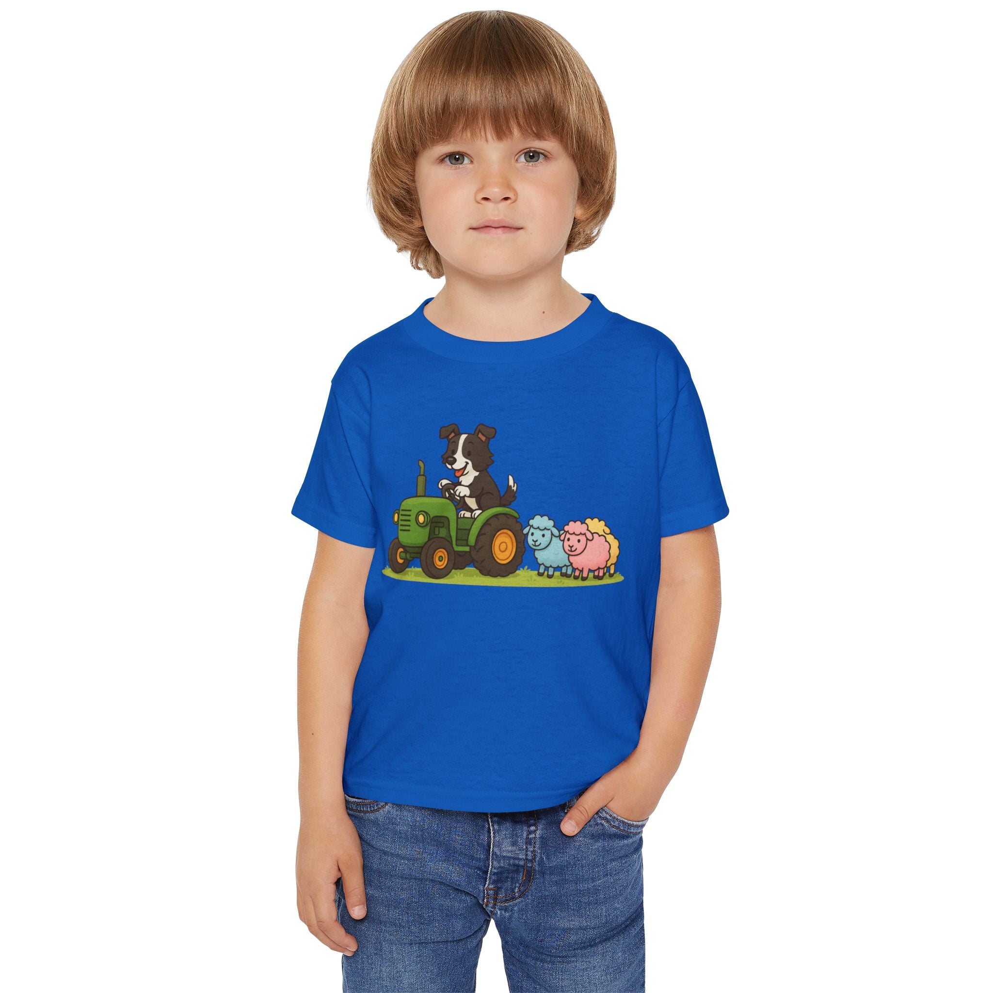 Toddler T-Shirt — Cartoon Farm Tractor with Border Collie & Sheep Friends