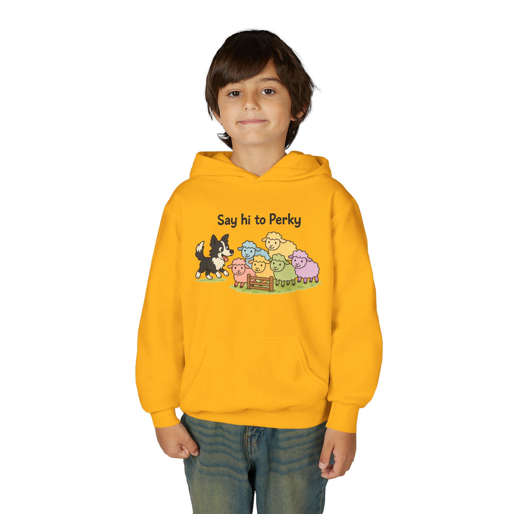 Youth Hoodie — "Say Hi to Perky" Cute Cartoon Sheep & Dog Kids Hooded Sweatshirt