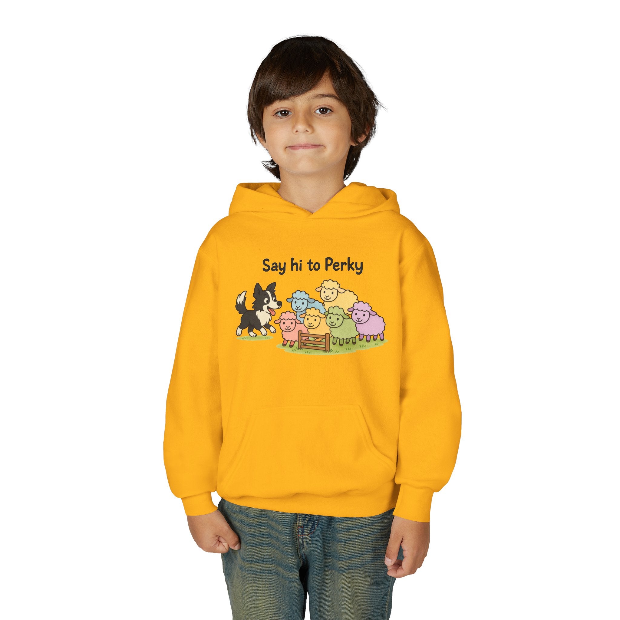 Youth Hoodie — "Say Hi to Perky" Cute Cartoon Sheep & Dog Kids Hooded Sweatshirt