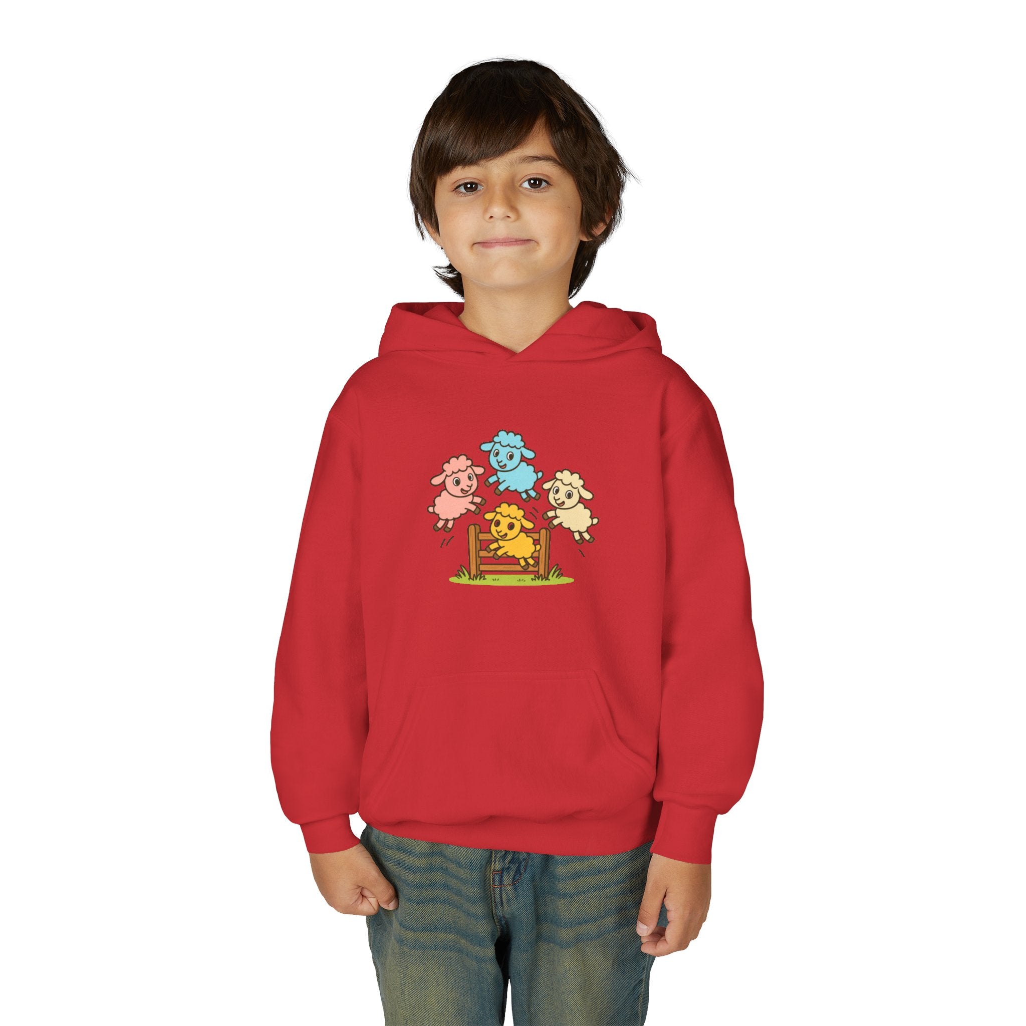 Kids Sheep Hoodie — Colorful Jumping Lambs Graphic Youth Hooded Sweatshirt