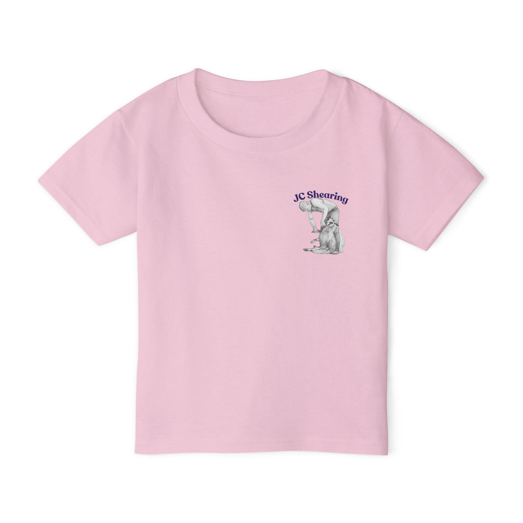 Toddler T-Shirt — Cute Sheep & Dog Cartoon with 'What kind of cars do sheep drive? Lamborghinis!' Back Print