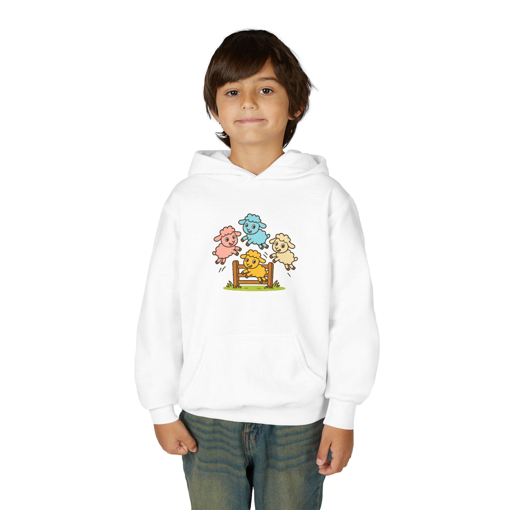 Kids Sheep Hoodie — Colorful Jumping Lambs Graphic Youth Hooded Sweatshirt