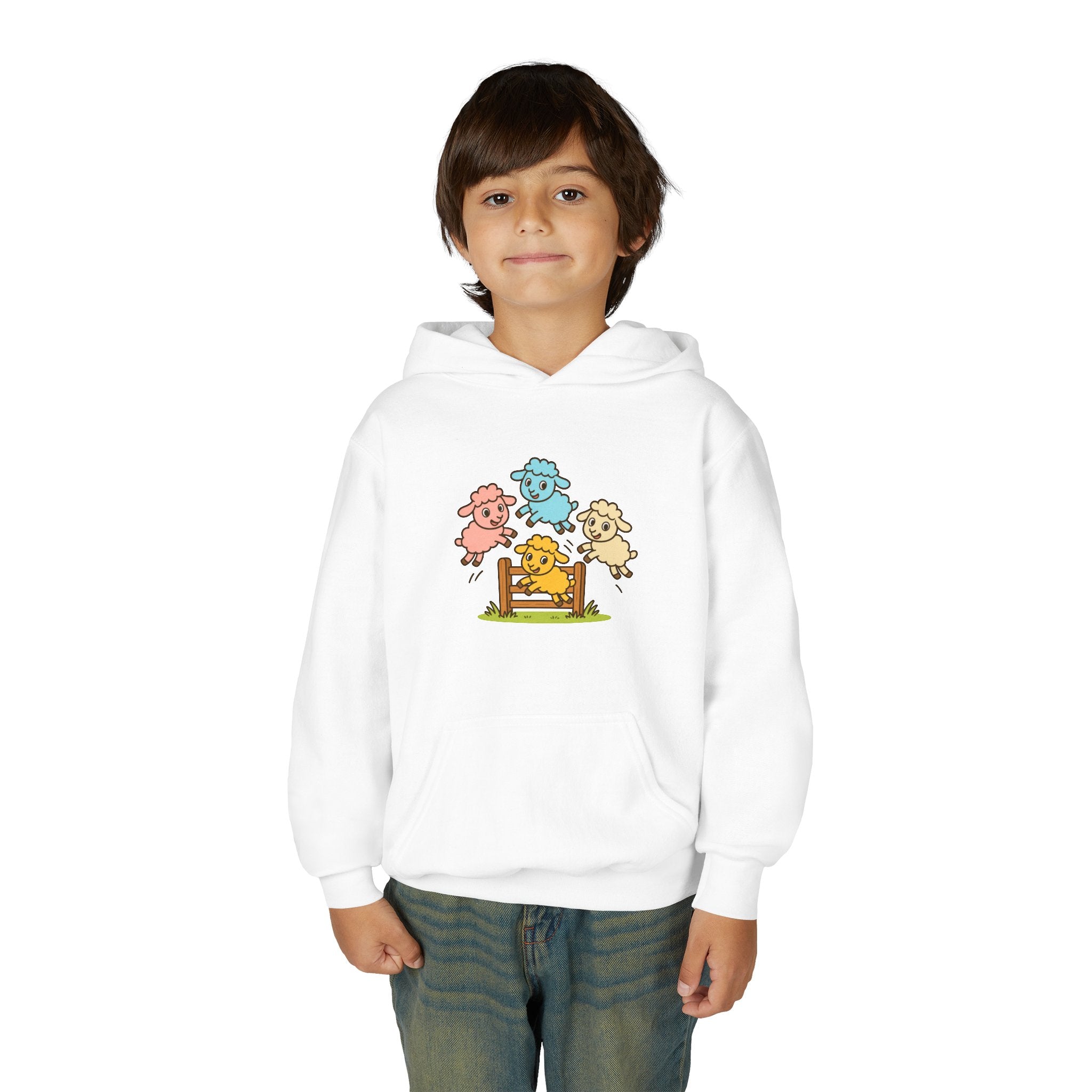 Kids Sheep Hoodie — Colorful Jumping Lambs Graphic Youth Hooded Sweatshirt