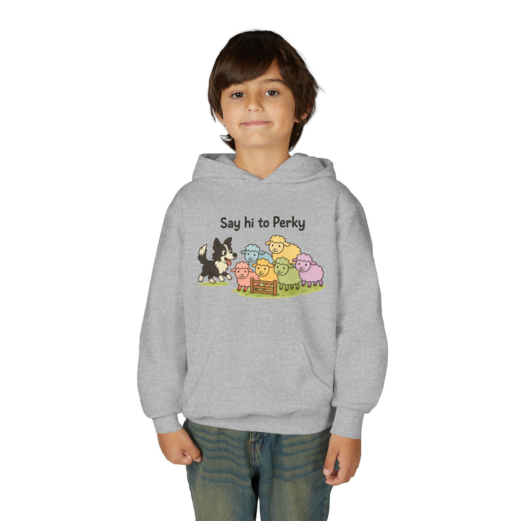 Youth Hoodie — "Say Hi to Perky" Cute Cartoon Sheep & Dog Kids Hooded Sweatshirt