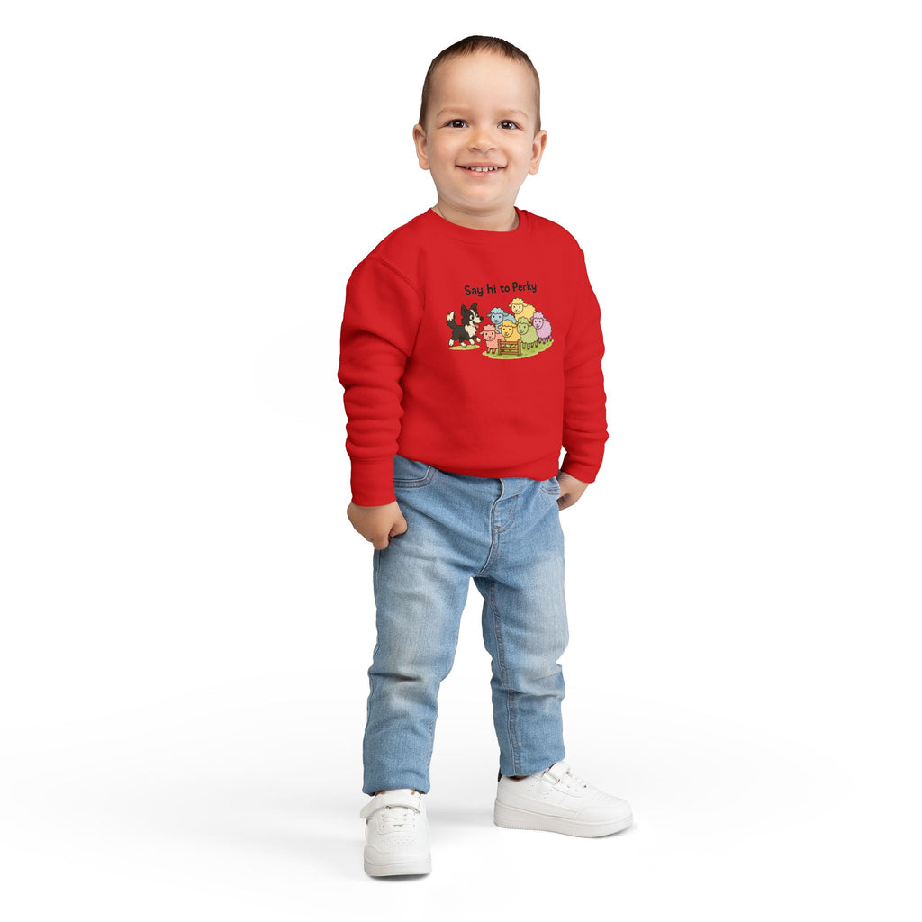 Say Hi to Perky Toddler Sweatshirt — Cute Sheep & Border Collie Kids Pullover
