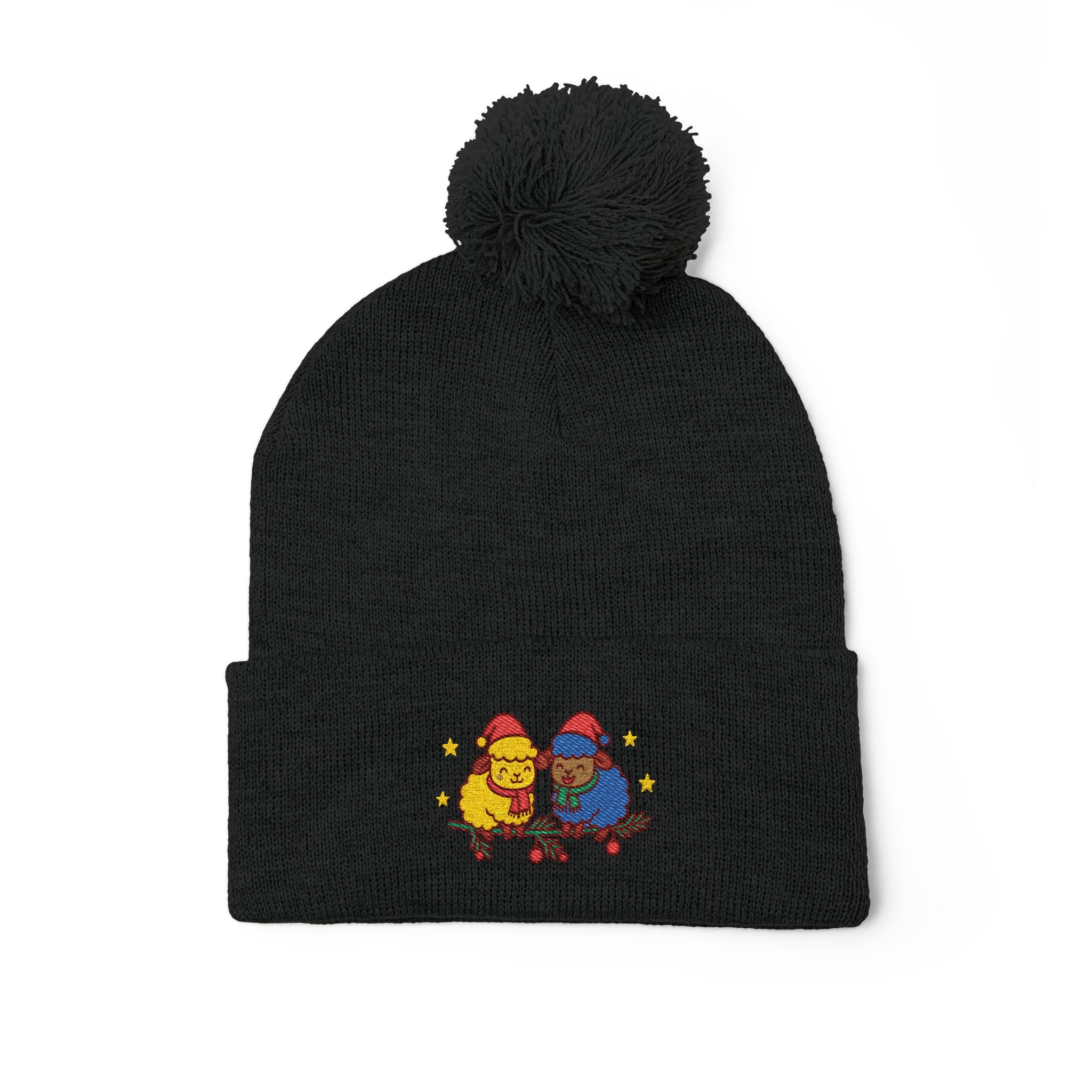 Embroidered Winter Pom-Pom Beanie — Cute Chick Couple Design
