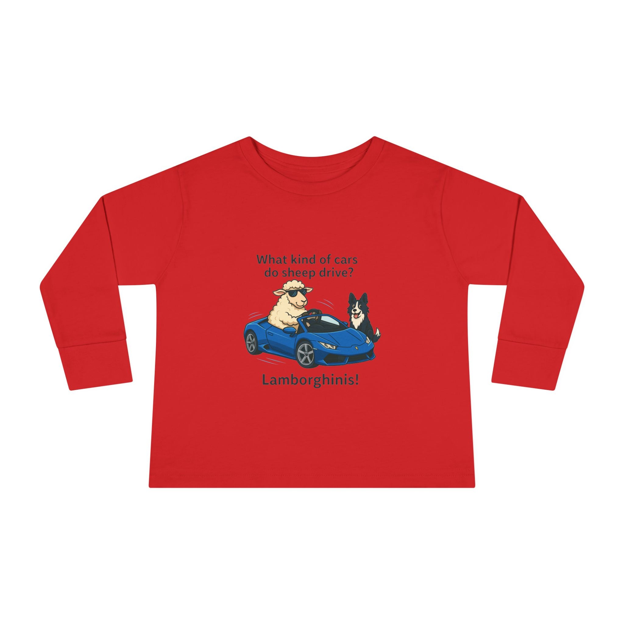 Toddler Long Sleeve Tee — 'What kind of cars do sheep drive? Lamborghams!' Cute Dog & Sheep Car Graphic