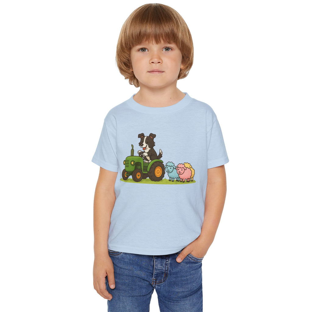 Toddler T-Shirt — Cartoon Farm Tractor with Border Collie & Sheep Friends