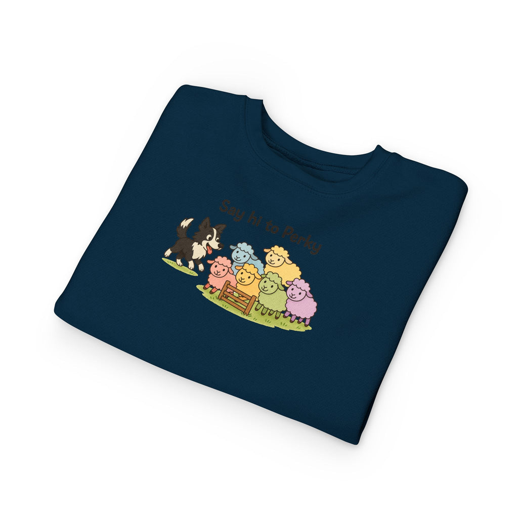 Say Hi to Perky Toddler Sweatshirt — Cute Sheep & Border Collie Kids Pullover