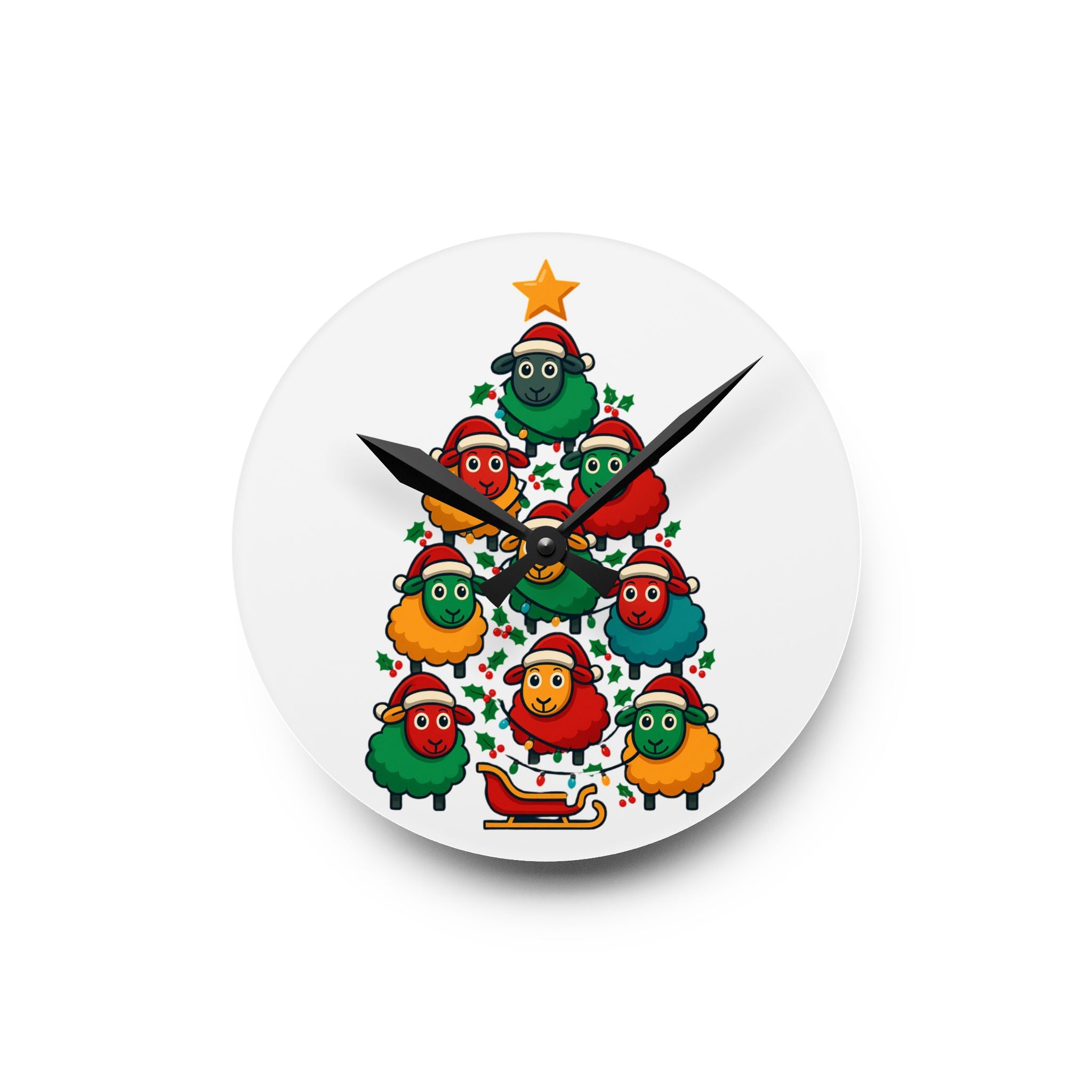 Christmas Sheep Tree Acrylic Wall Clock — Cute Holiday Farm Animal Decor