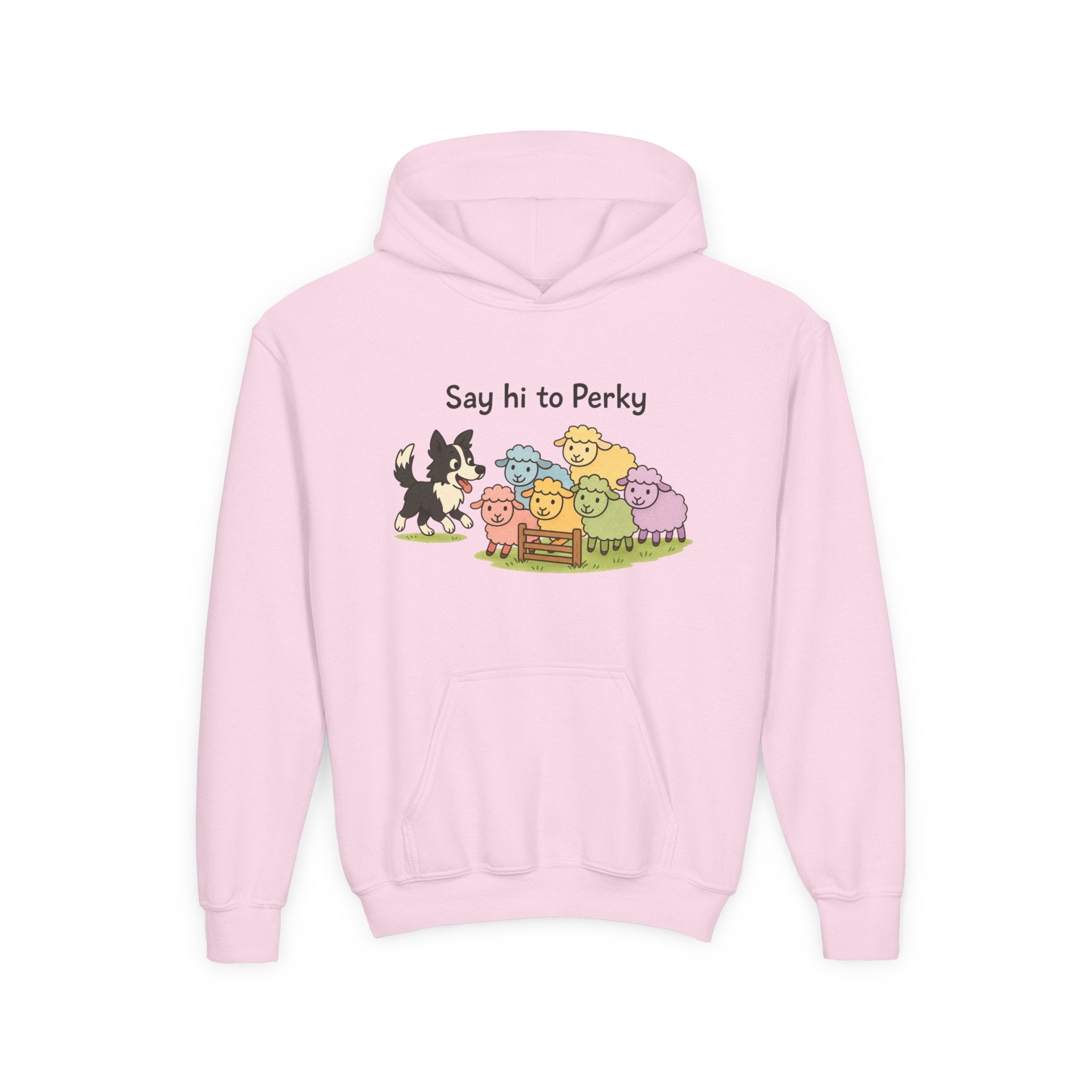 Youth Hoodie — "Say Hi to Perky" Cute Cartoon Sheep & Dog Kids Hooded Sweatshirt