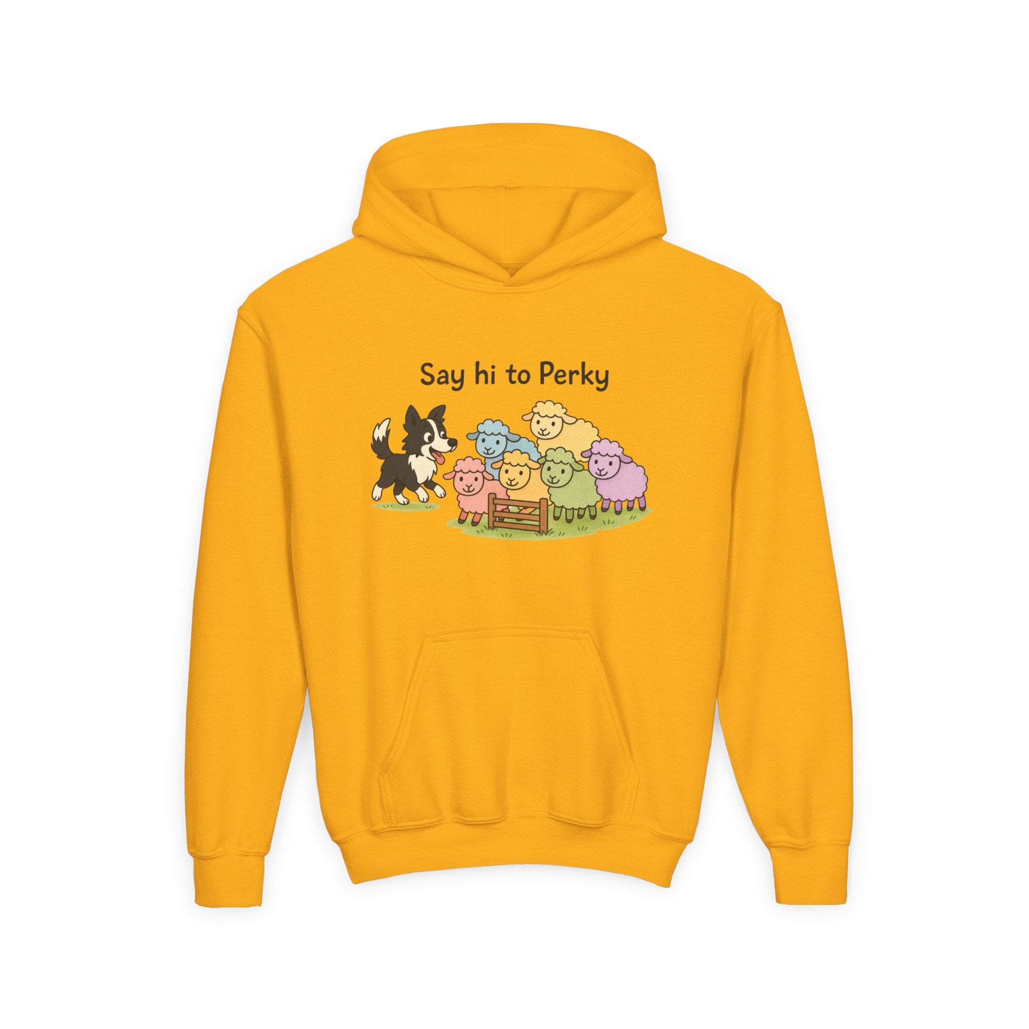 Youth Hoodie — "Say Hi to Perky" Cute Cartoon Sheep & Dog Kids Hooded Sweatshirt