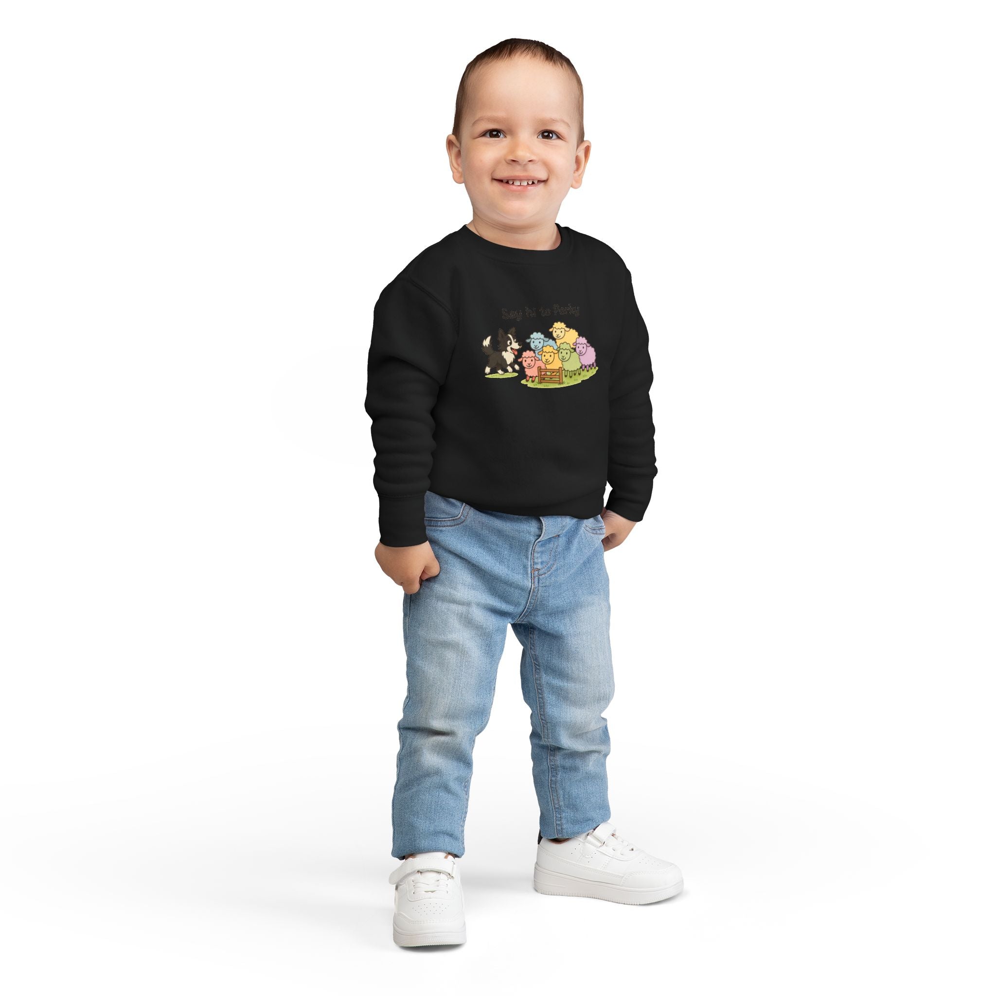 Say Hi to Perky Toddler Sweatshirt — Cute Sheep & Border Collie Kids Pullover
